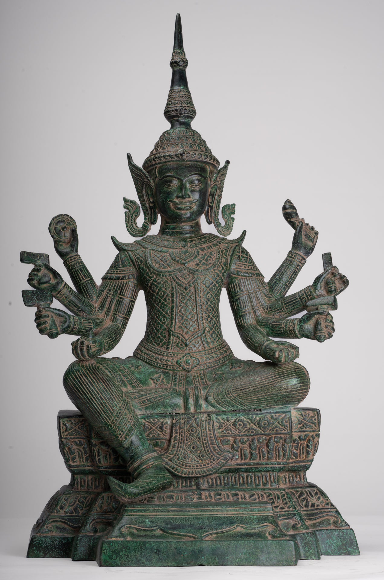 Antique Khmer Style Bronze Seated Vishvakarman Statue - Divine Architect - 59cm/24"