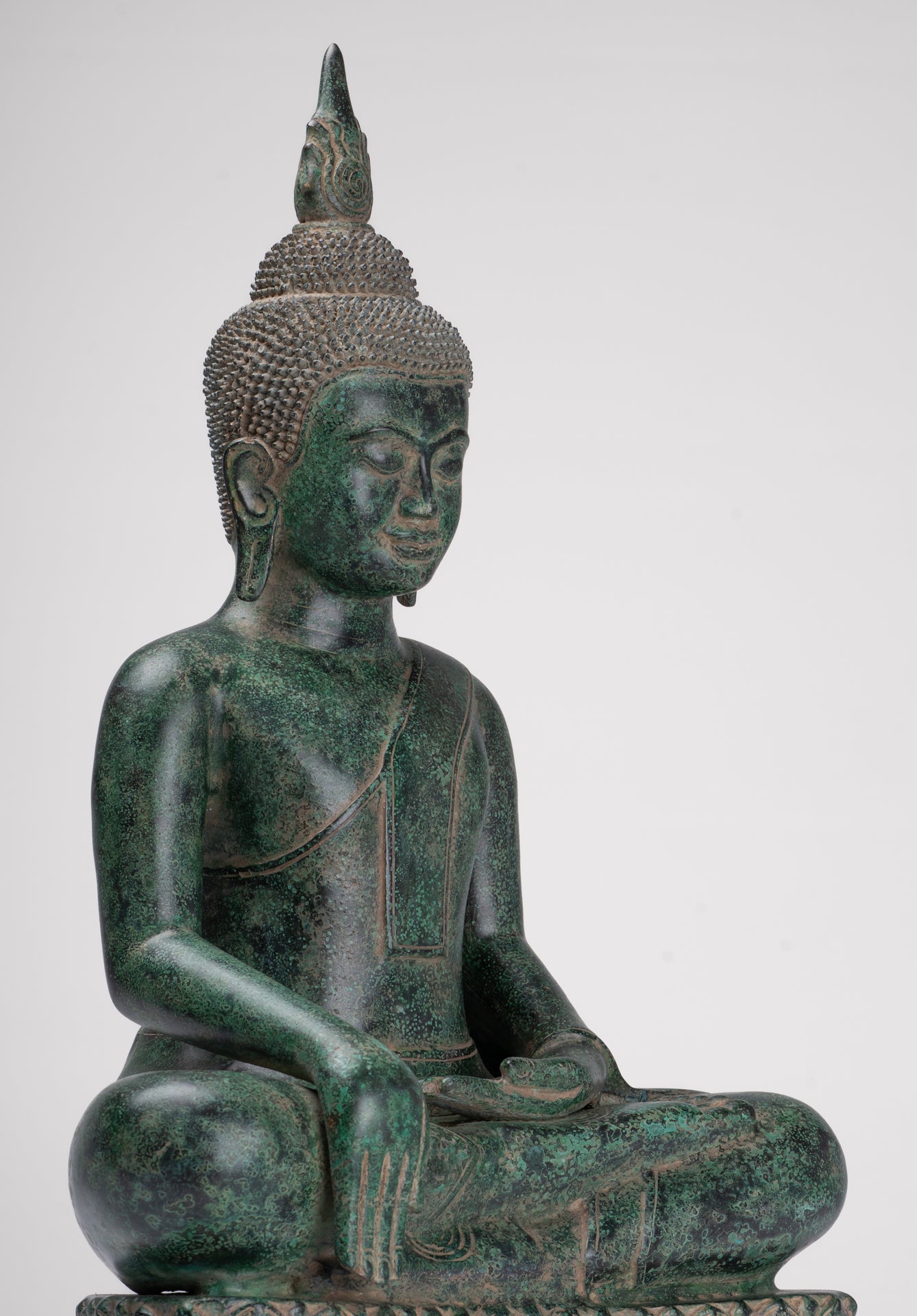 Buddha Statue - Antique Khmer Style Bronze Enthroned Enlightenment Buddha Statue - 50cm/20"