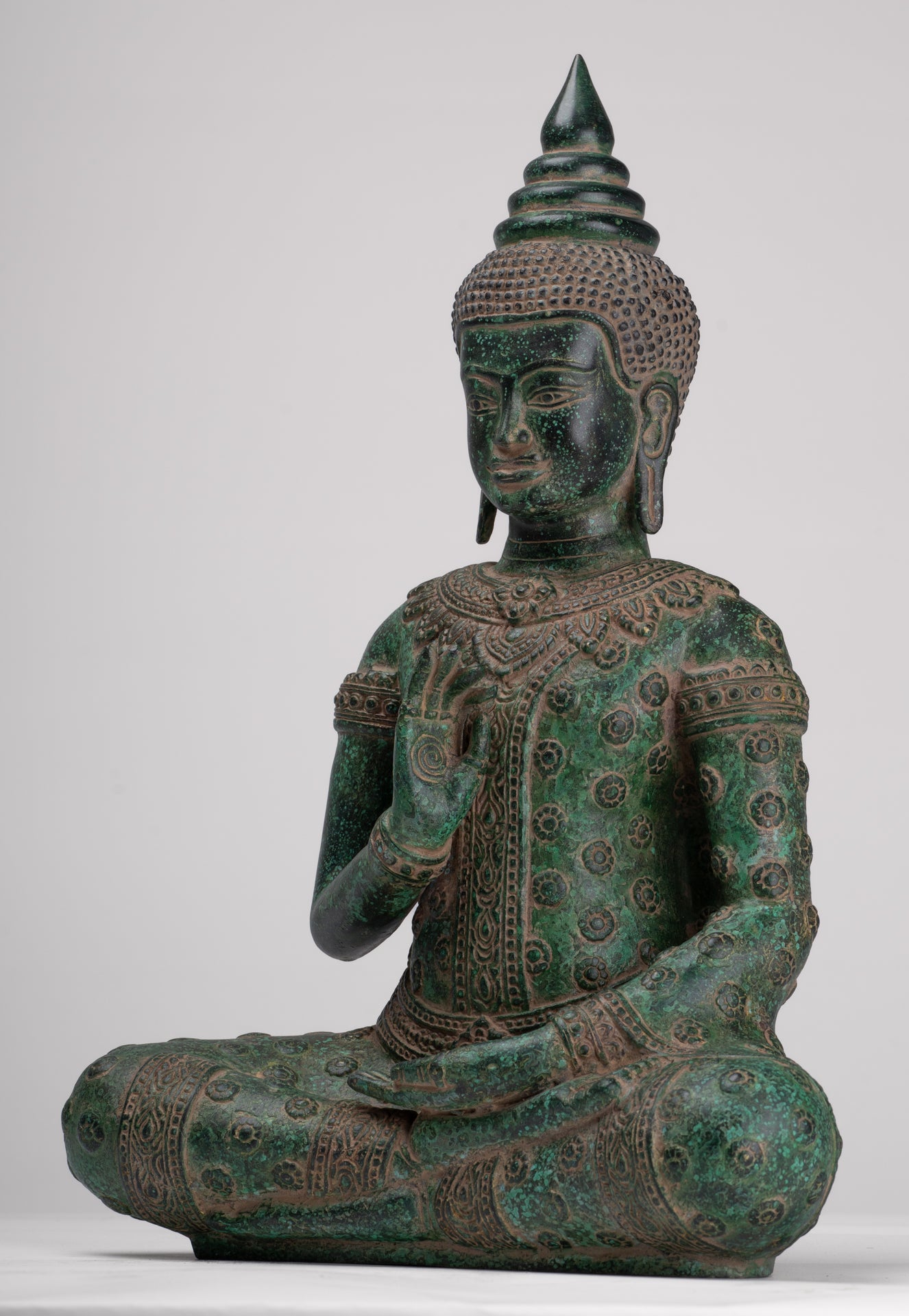 Buddha Statue - Antique Khmer Style Bronze Buddha Statue Dharmachakra Teaching Mudra - 36cm/14"