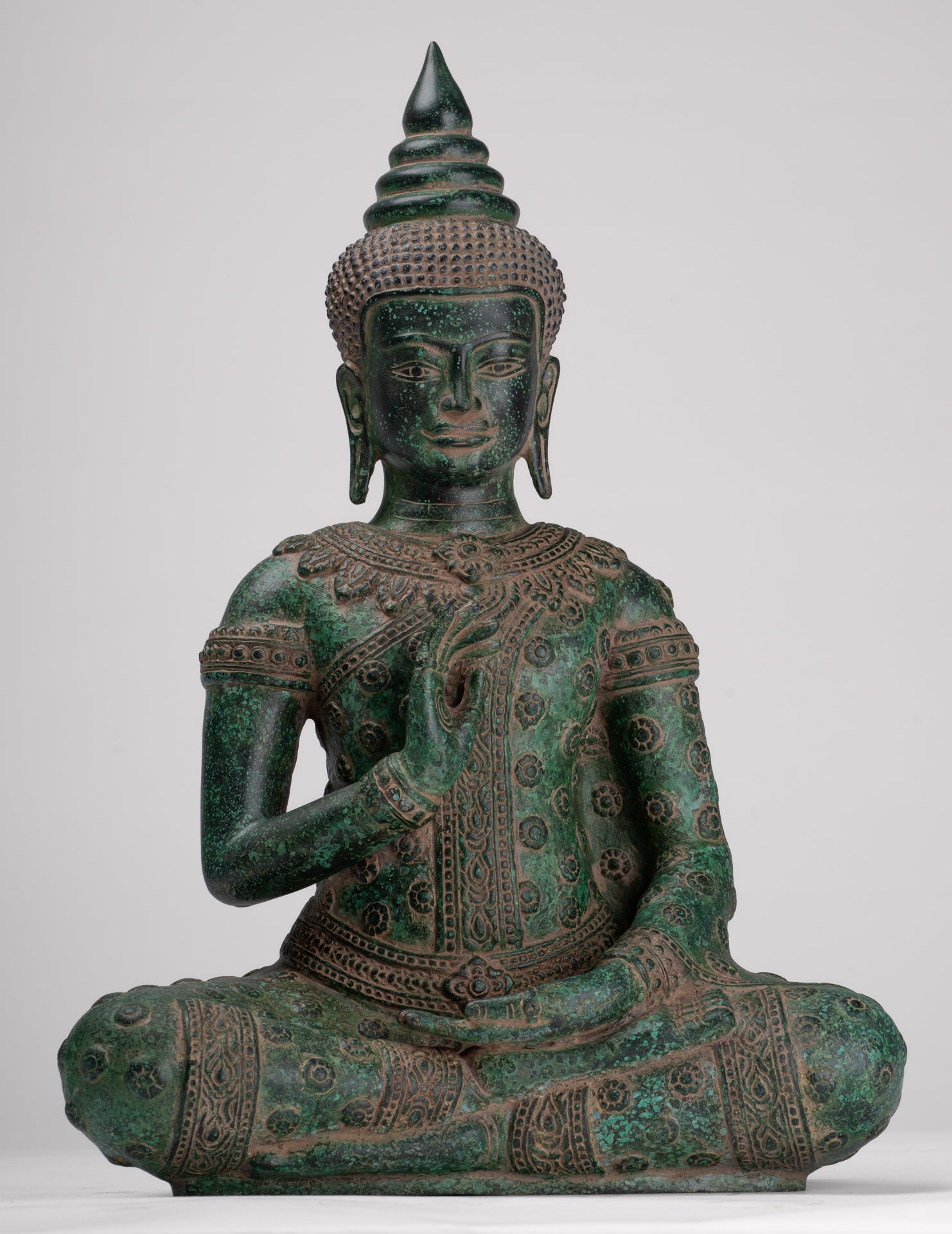 Buddha Statue - Antique Khmer Style Bronze Buddha Statue Dharmachakra Teaching Mudra - 36cm/14"