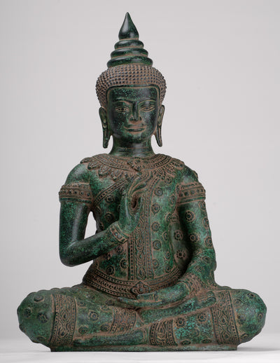 Buddha Statue - Antique Khmer Style Bronze Buddha Statue Dharmachakra Teaching Mudra - 36cm/14"