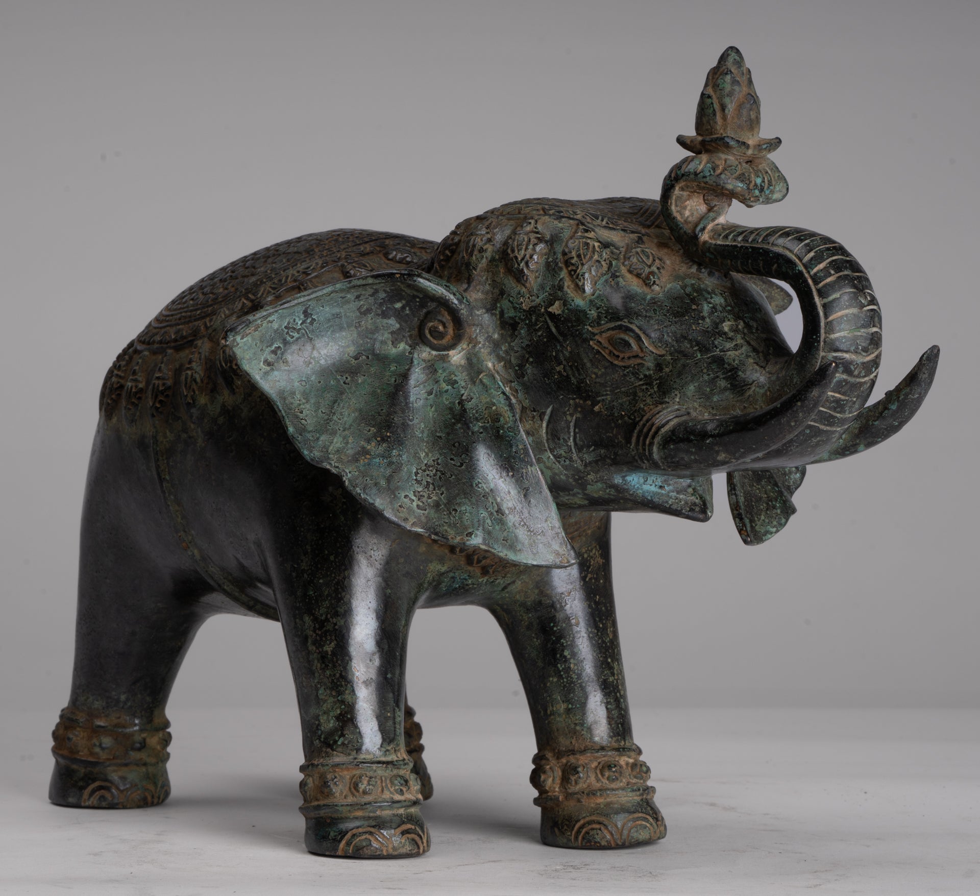 Antique Khmer Style Bronze Trumpeting Elephant Statue - 25cm/10" Tall
