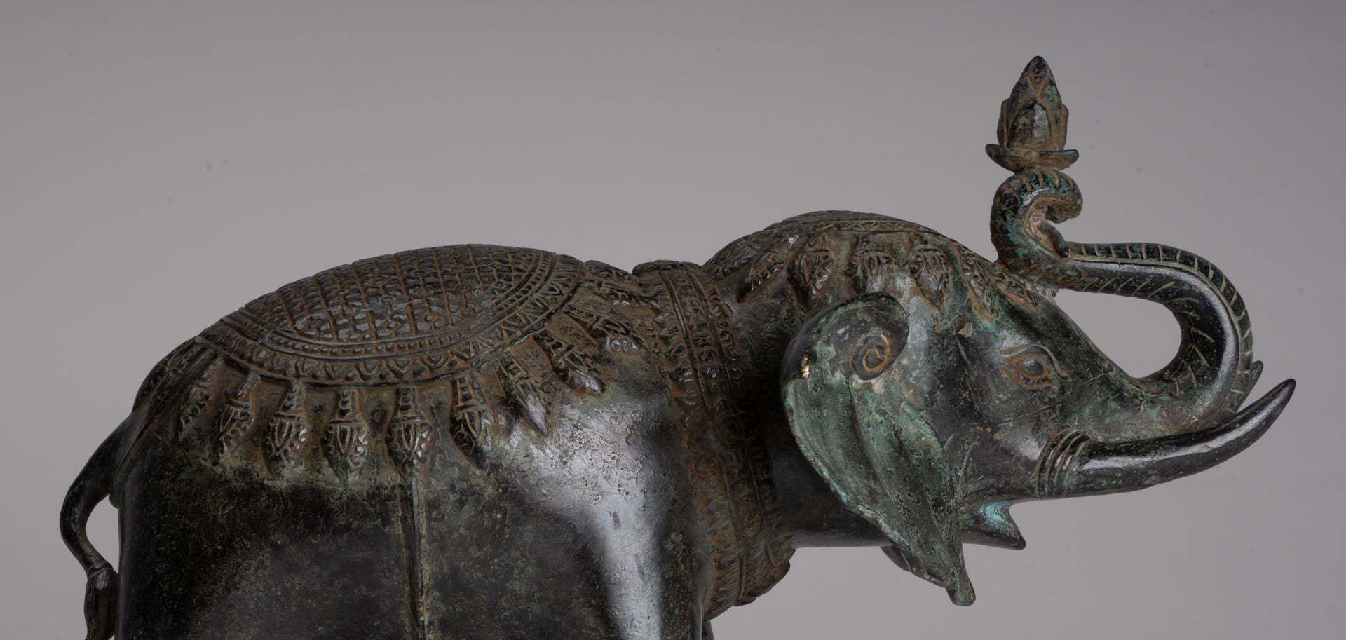 Antique Khmer Style Bronze Trumpeting Elephant Statue - 25cm/10" Tall