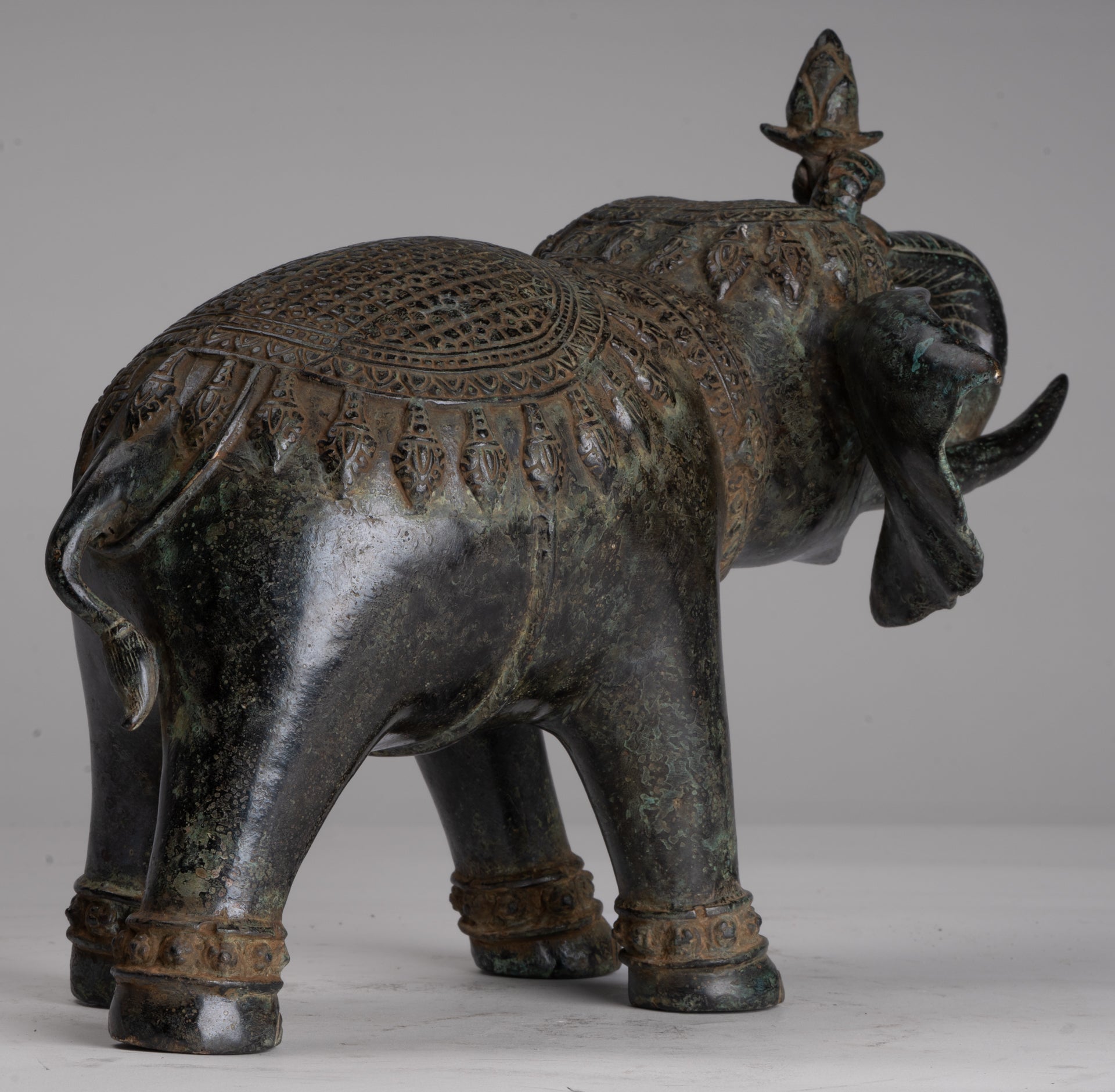 Antique Khmer Style Bronze Trumpeting Elephant Statue - 25cm/10" Tall