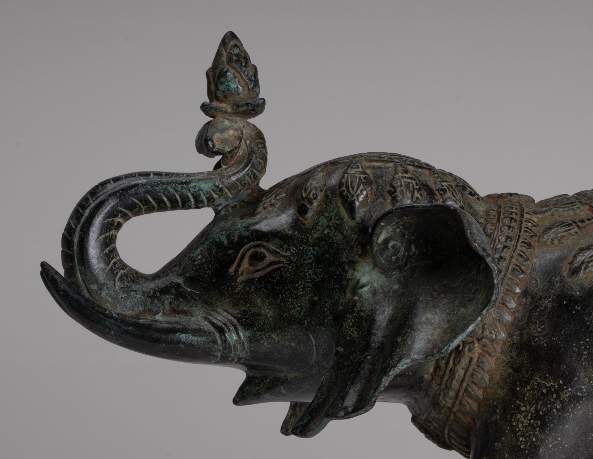 Antique Khmer Style Bronze Trumpeting Elephant Statue - 25cm/10" Tall