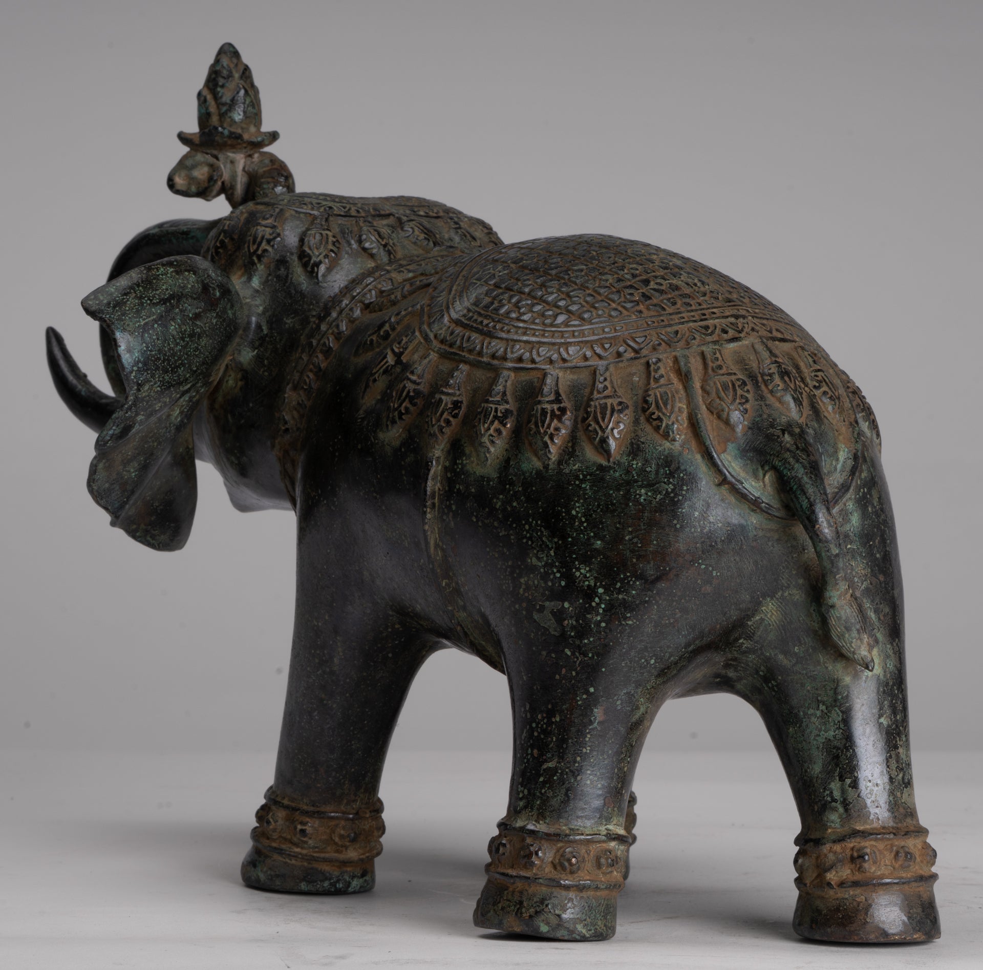 Antique Khmer Style Bronze Trumpeting Elephant Statue - 25cm/10" Tall