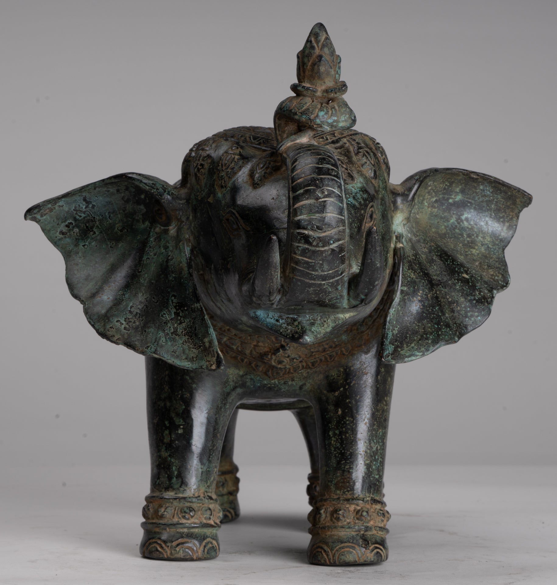 Antique Khmer Style Bronze Trumpeting Elephant Statue - 25cm/10" Tall