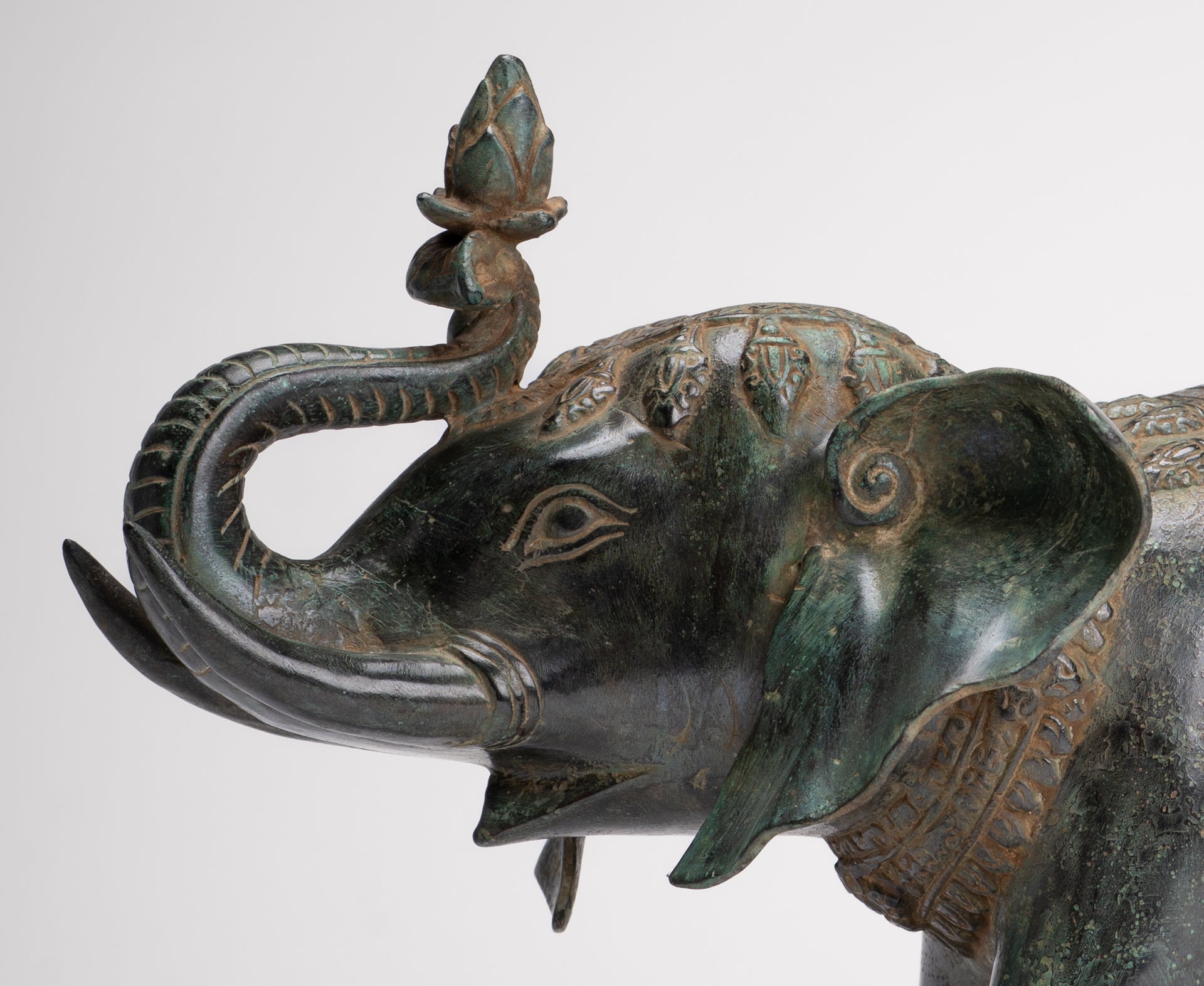 Antique Khmer Style Bronze Trumpeting Elephant Statue - 25cm/10" Tall