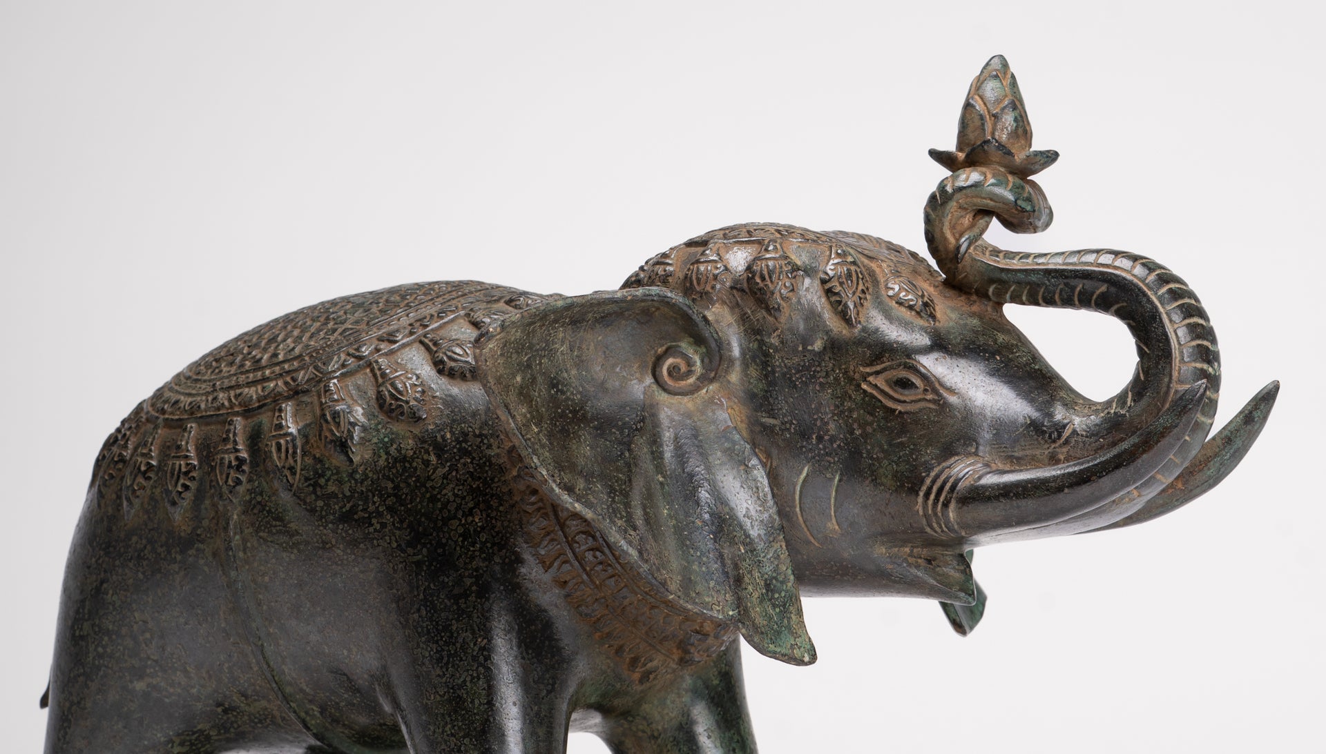 Antique Khmer Style Bronze Trumpeting Elephant Statue - 25cm/10" Tall