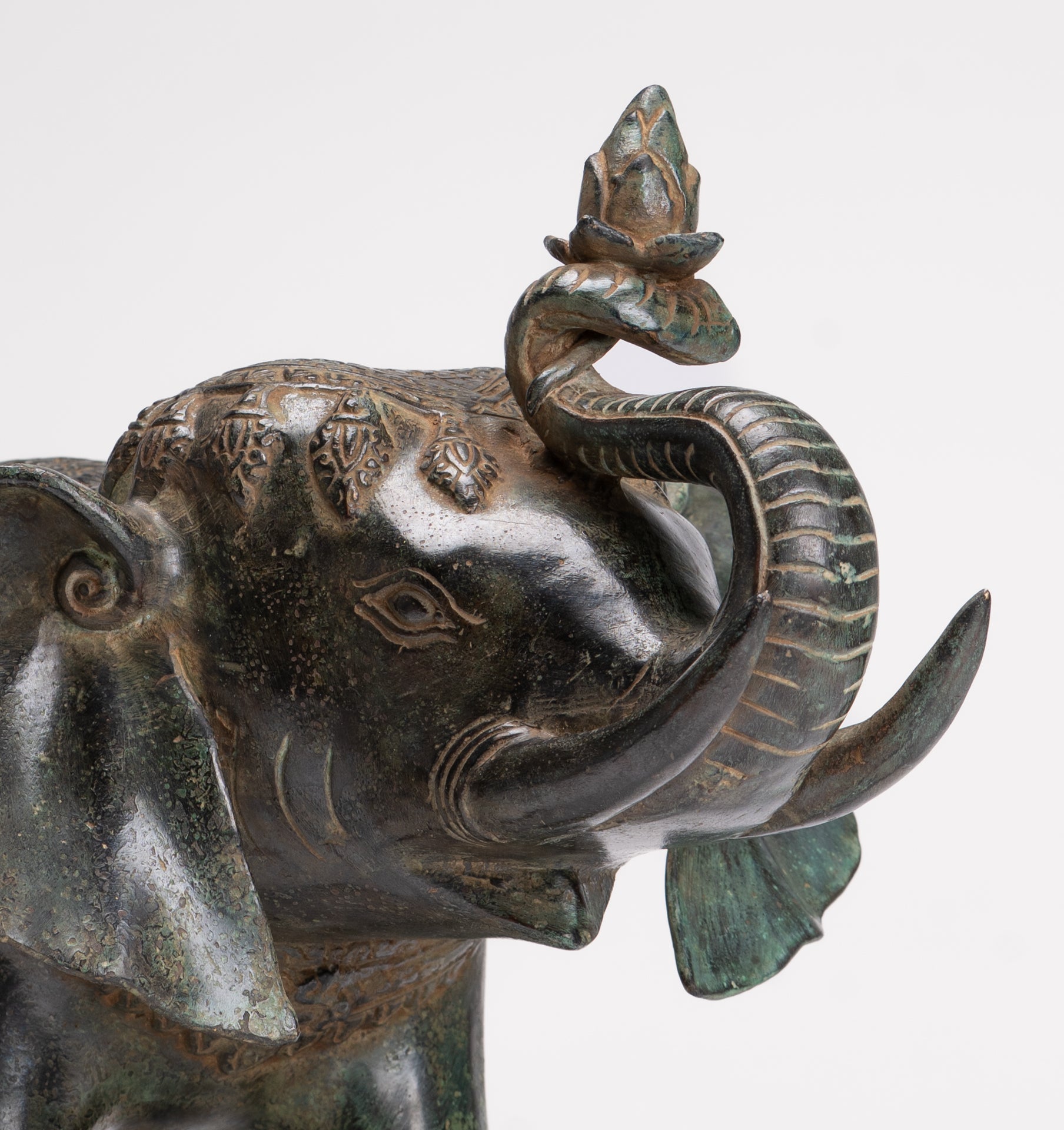 Antique Khmer Style Bronze Trumpeting Elephant Statue - 25cm/10" Tall