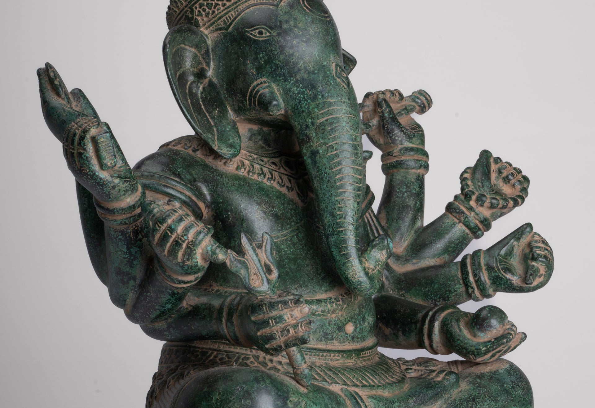 Ganesha Statue - Antique Khmer Style Enthroned Angkor Wat 8 Arm Ganesh Statue - 40cm/16"