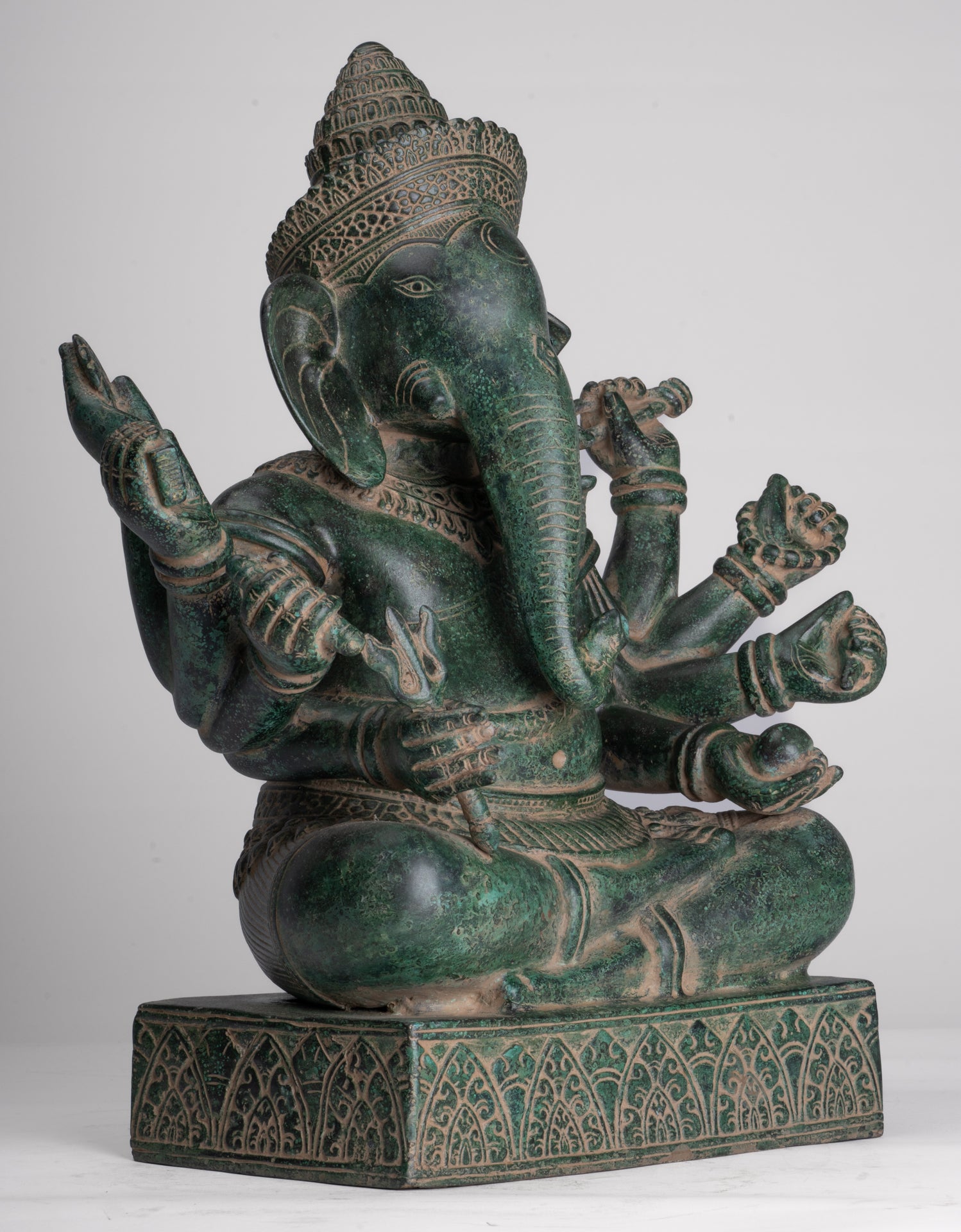 Ganesha Statue - Antique Khmer Style Enthroned Angkor Wat 8 Arm Ganesh Statue - 40cm/16"