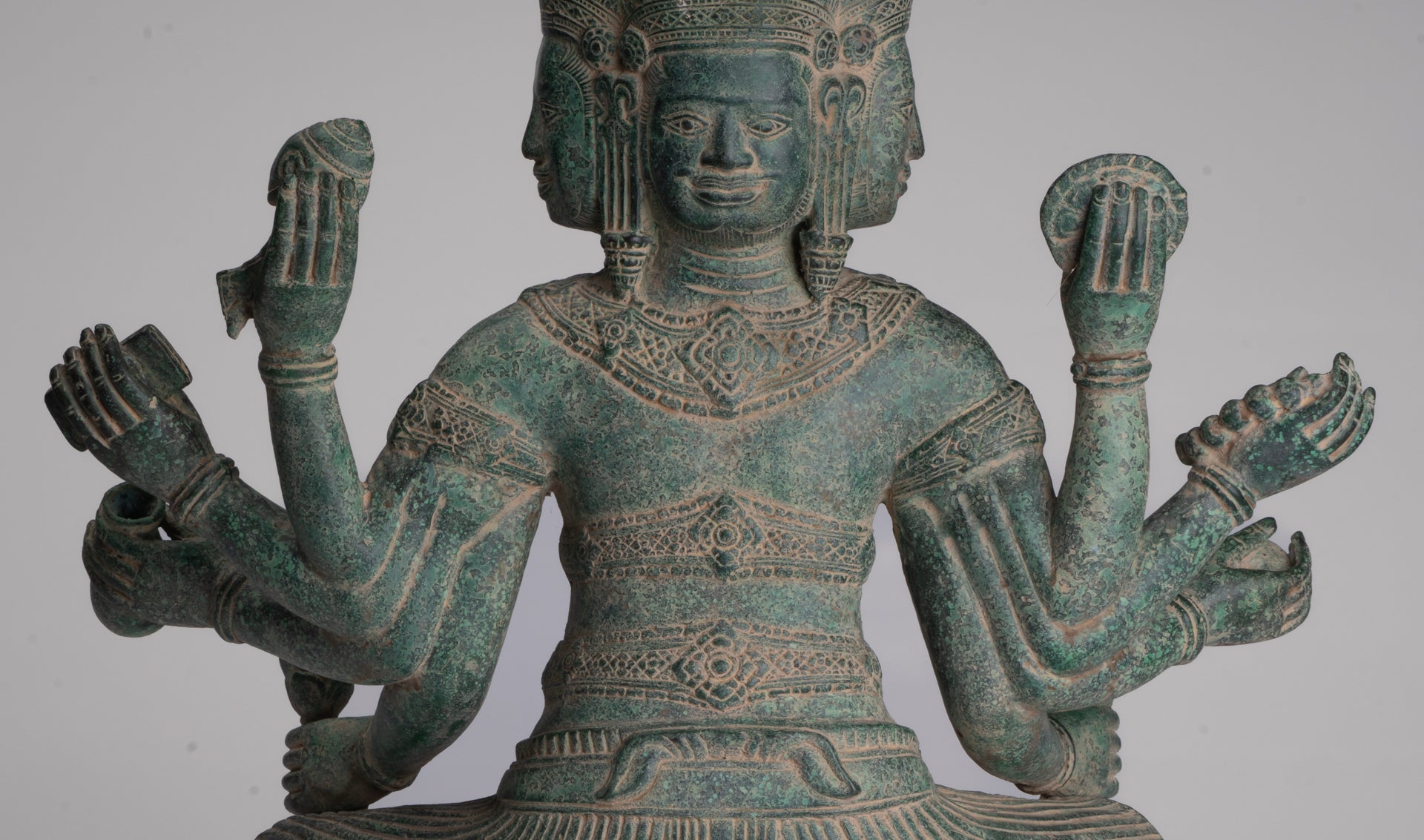 Brahma Statue - Antique Khmer Style Bronze 8 Arm Bayon Brahma - Hindu God Creation - 40cm/16"