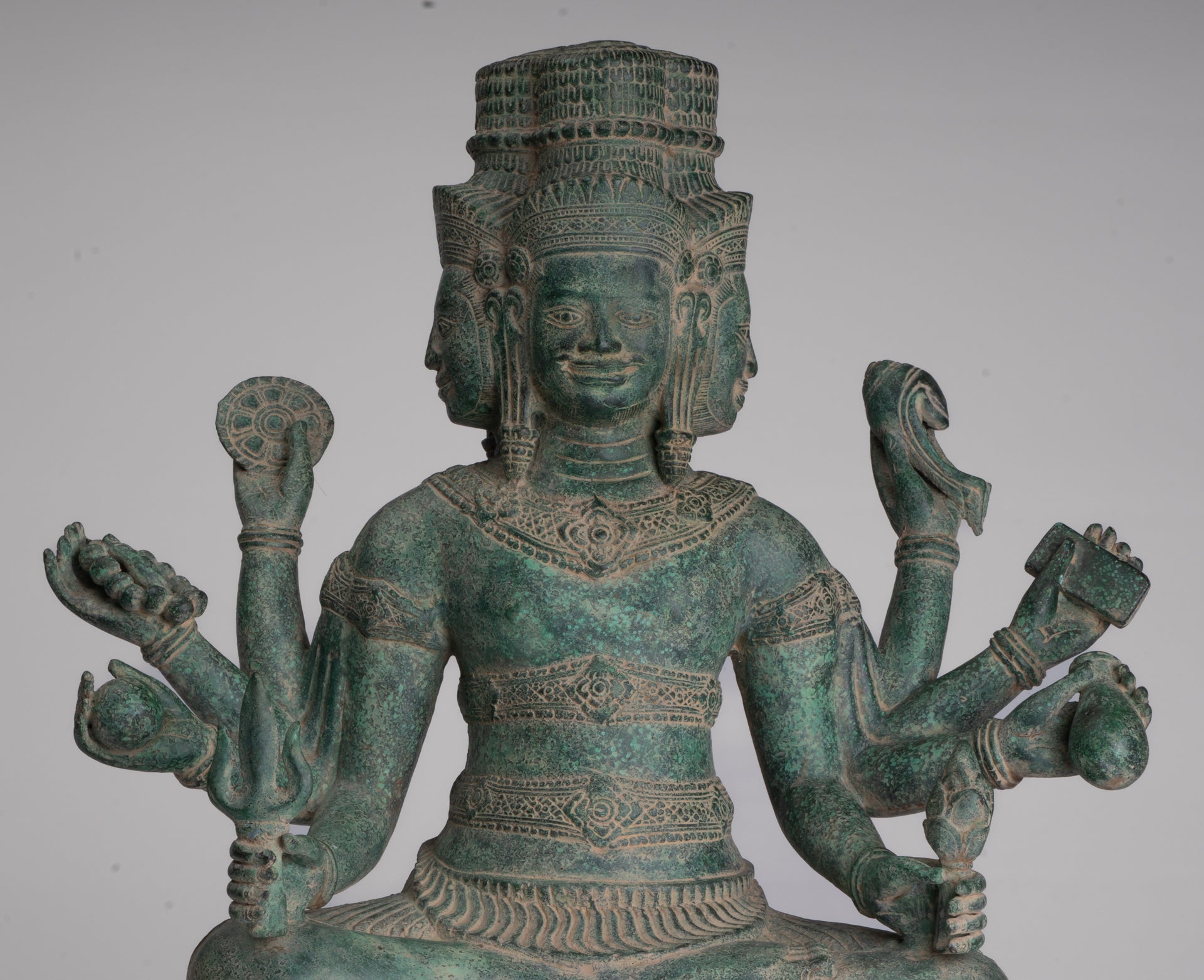 Brahma Statue - Antique Khmer Style Bronze 8 Arm Bayon Brahma - Hindu God Creation - 40cm/16"