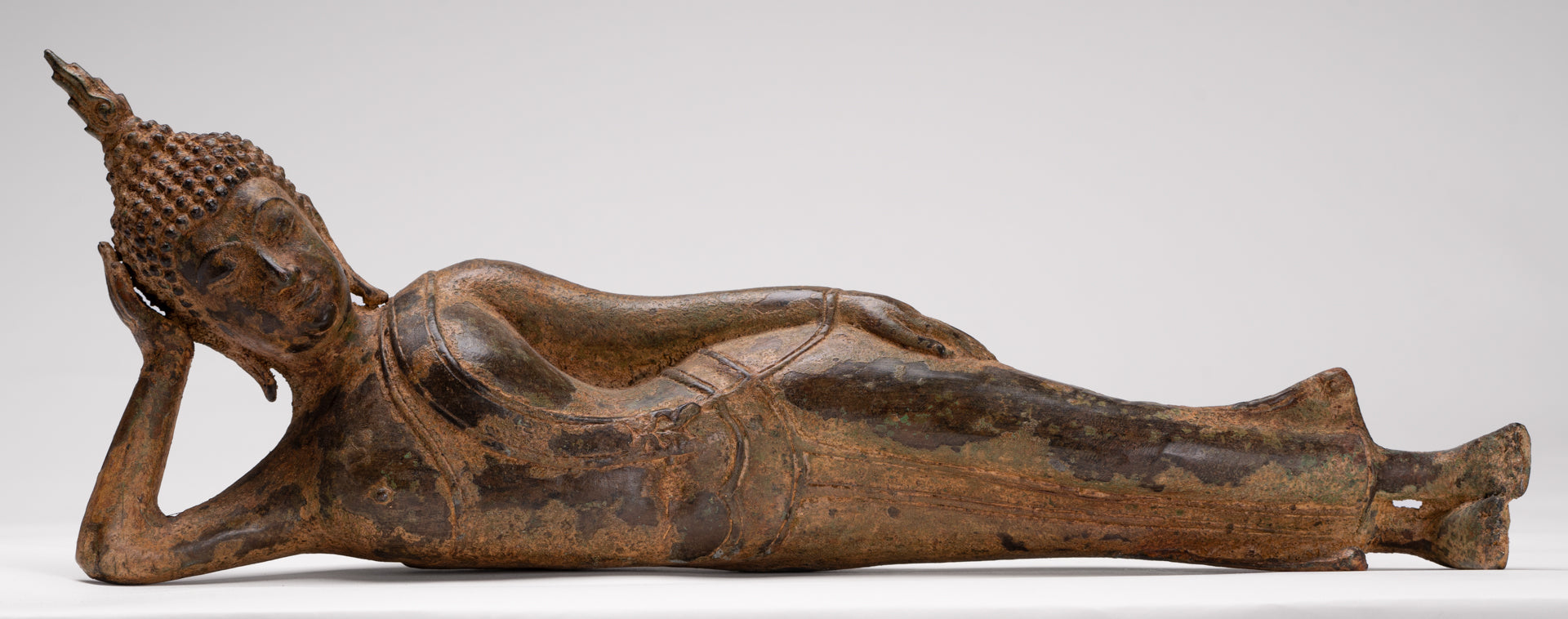 Buddha Statue - Antique Thai Style Bronze Sukhothai Reclining Nirvana Buddha Statue - 43cm/17"