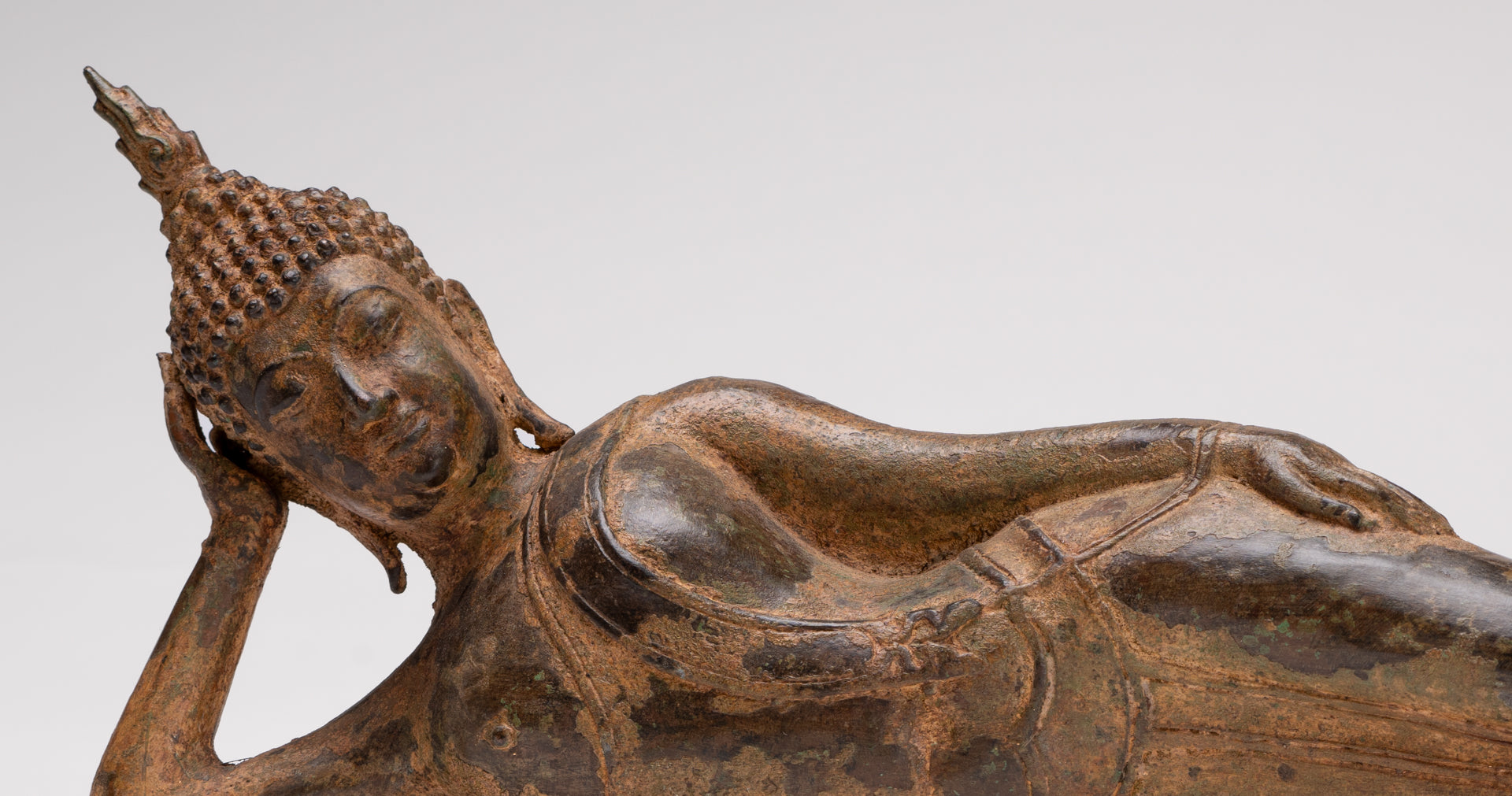 Buddha Statue - Antique Thai Style Bronze Sukhothai Reclining Nirvana Buddha Statue - 43cm/17"