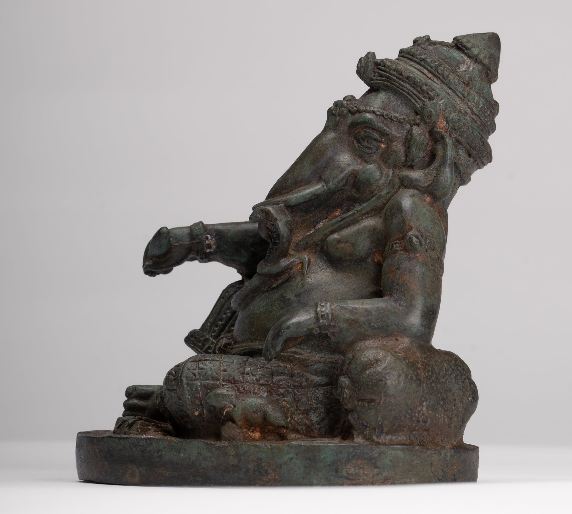 Ganesha Statue - Antique Thai Style Bronze Reclining Ganesha Statue - 17cm/7"