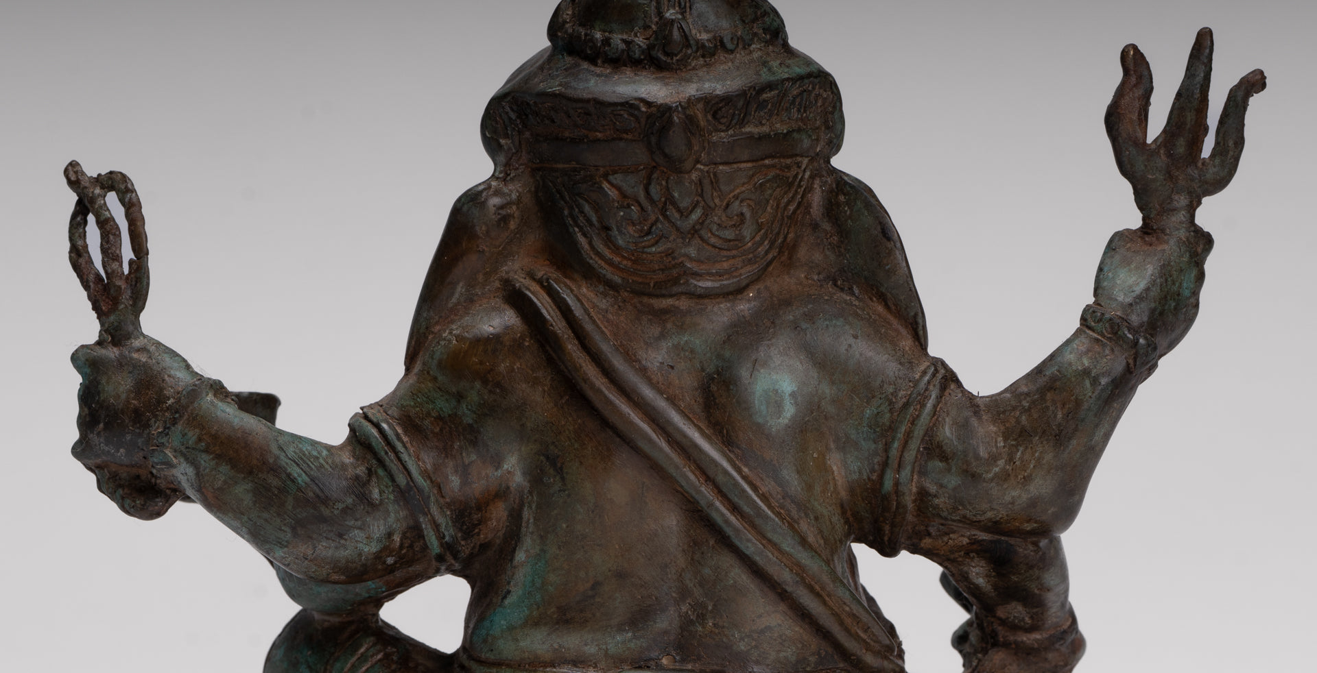 Ganesha Statue - Antique Thai Style Bronze Seated 4-Arm Ganesha Statue - 20cm/8"