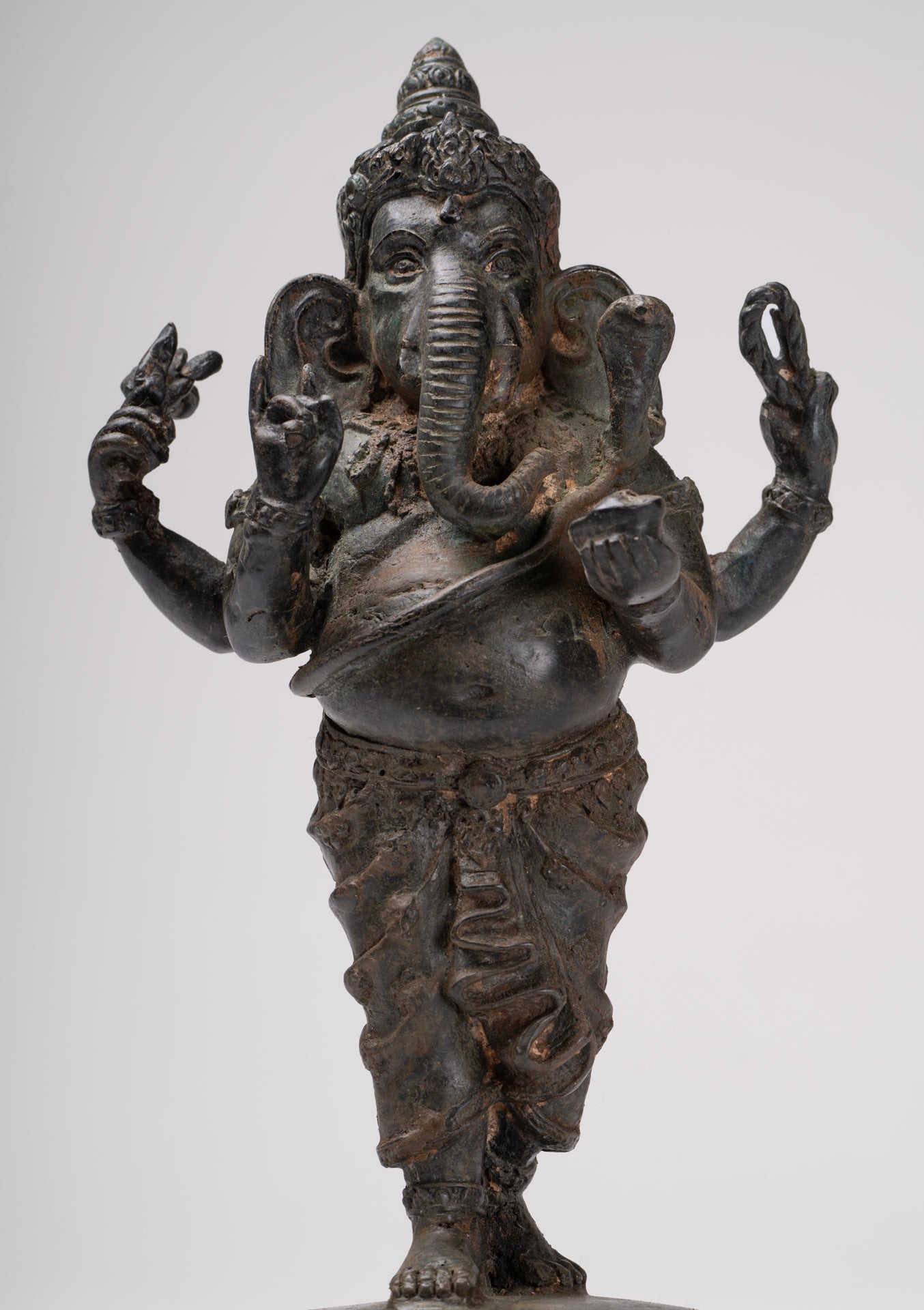 Ganesha Statue - Antique Thai Style Bronze Standing 4-Arm Ganesha Statue - 26cm/10"