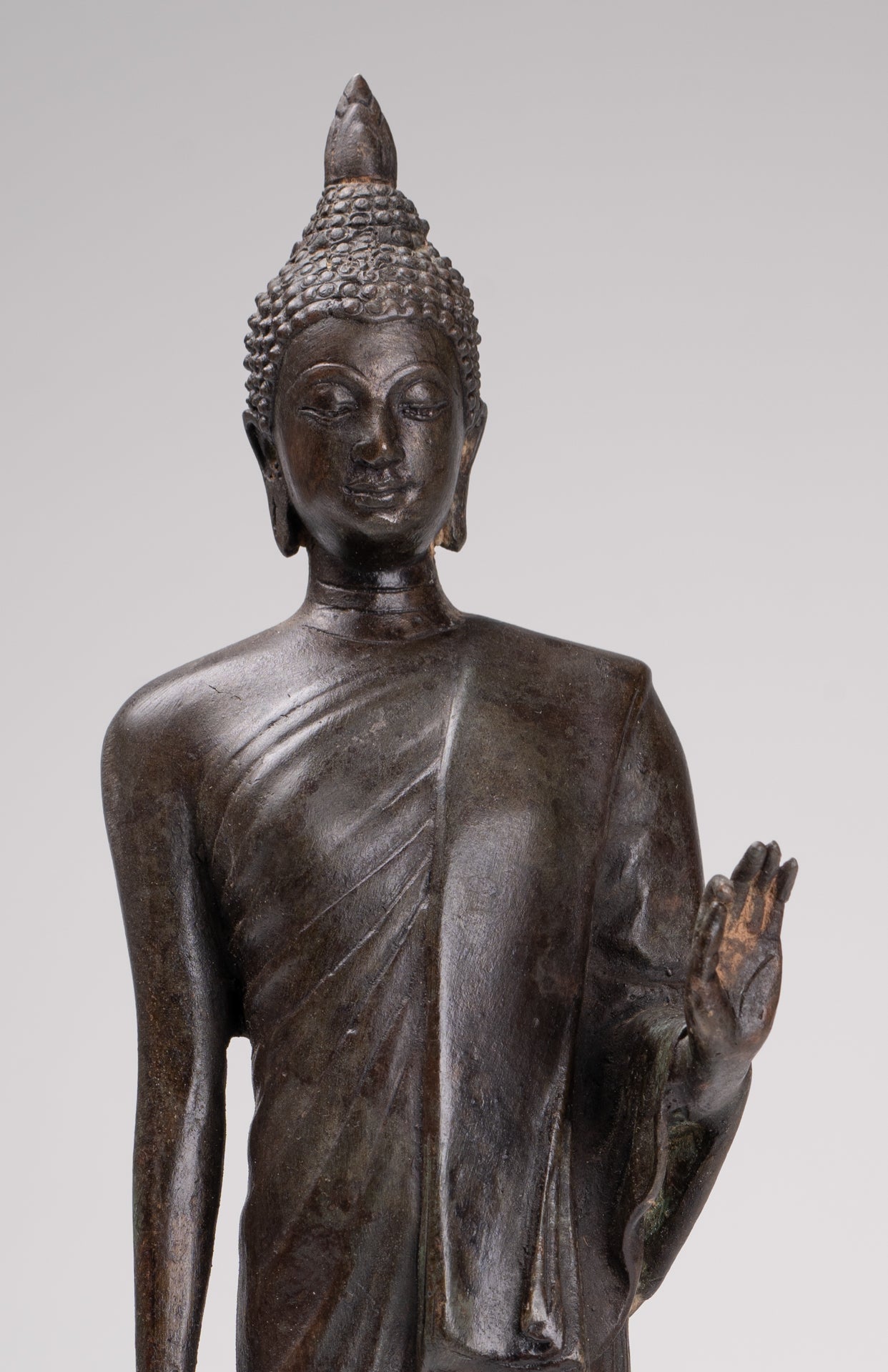 Antique Sukhothai Style Standing Bronze Protection Walking Buddha Statue - 33cm/13"