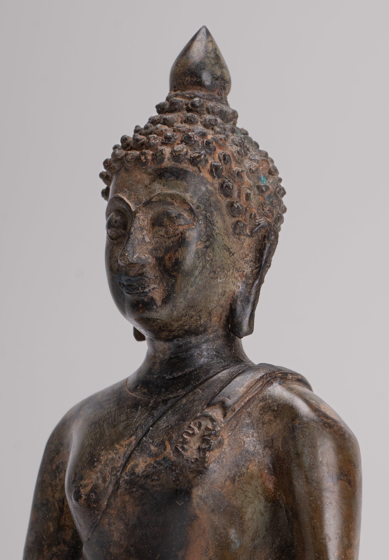 Buddha Statue - Antique Thai Style Bronze Chiang Saen Enlightenment Buddha Statue - 18cm/7"