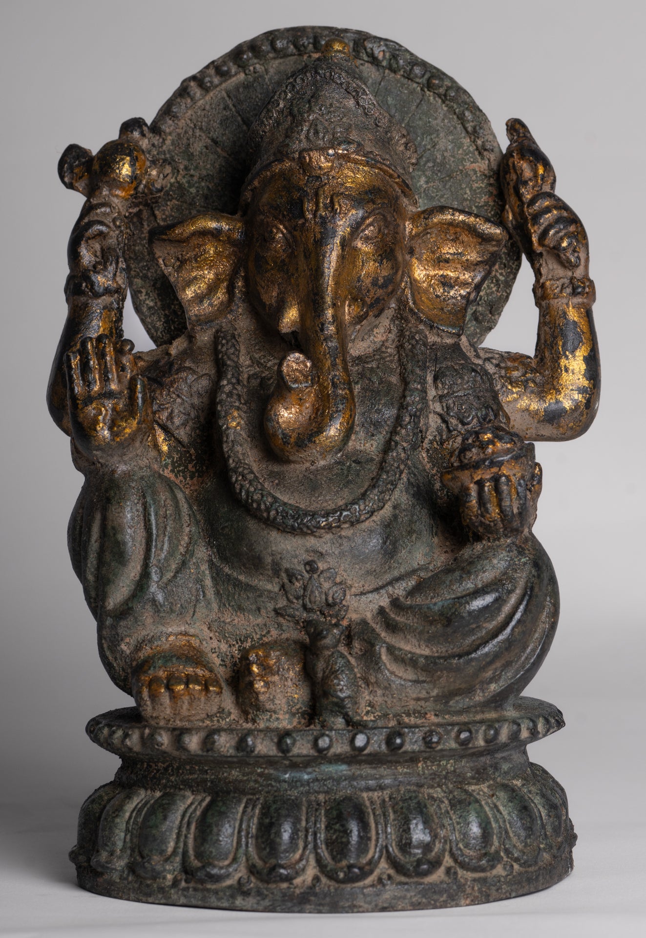 Ganesh - Antique Thai Style Bronze Seated Ganesha - 23cm/9"