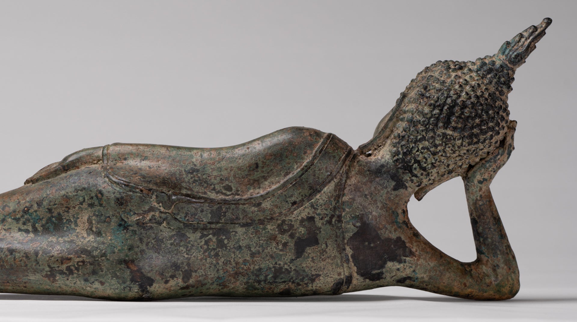 Buddha Statue - Antique Thai Style Bronze Sukhothai Reclining Nirvana Buddha Statue - 43cm/17"