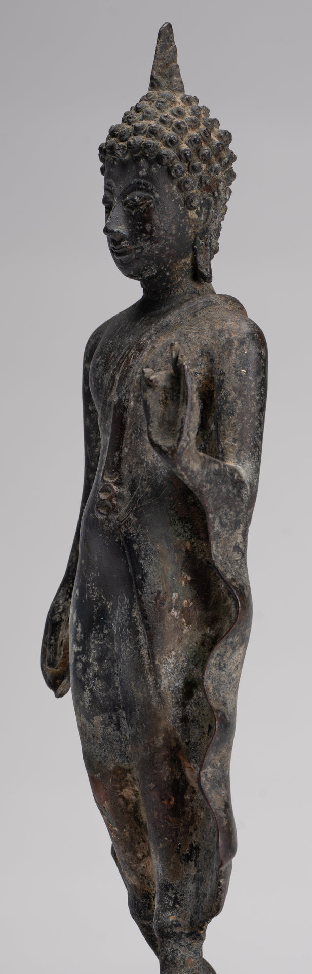 Antique Sukhothai Style Standing Bronze Protection Walking Buddha Statue - 31cm/12"