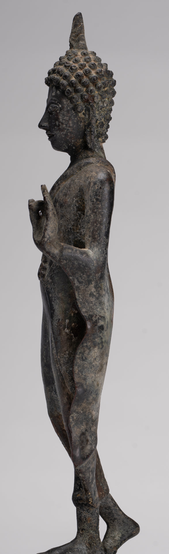 Antique Sukhothai Style Standing Bronze Protection Walking Buddha Statue - 31cm/12"