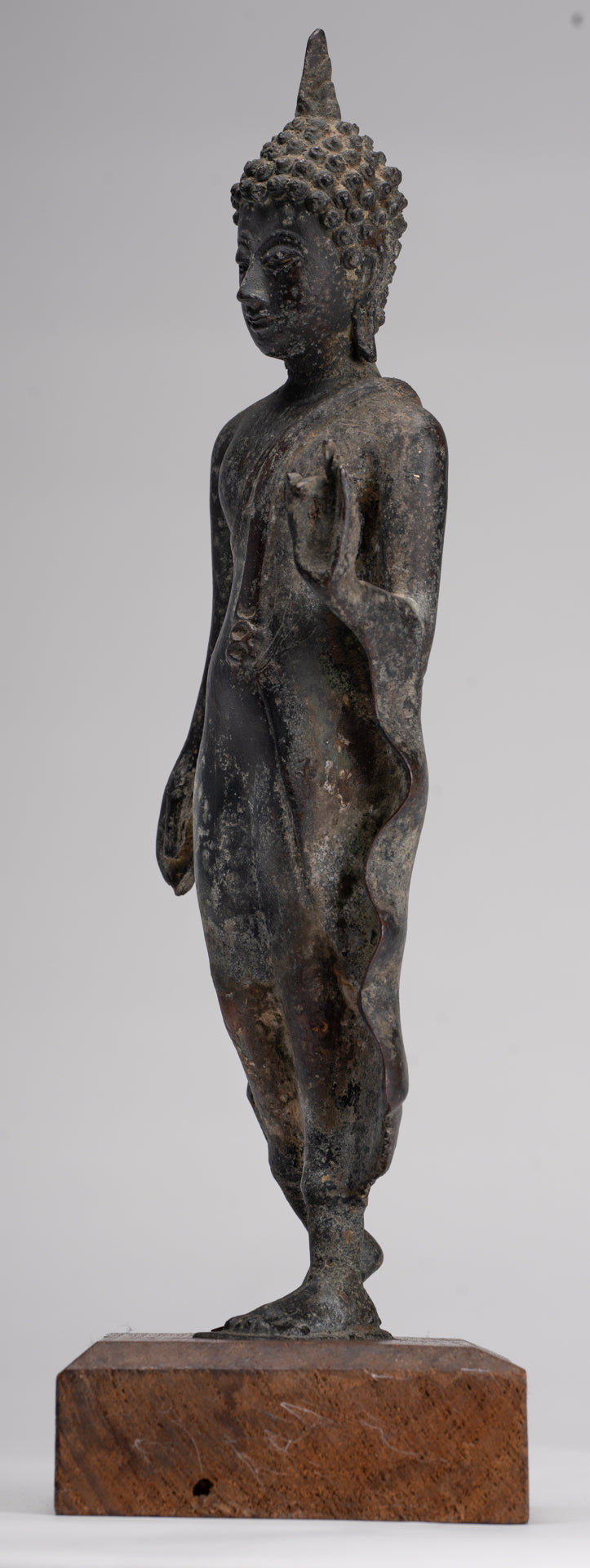 Antique Sukhothai Style Standing Bronze Protection Walking Buddha Statue - 31cm/12"