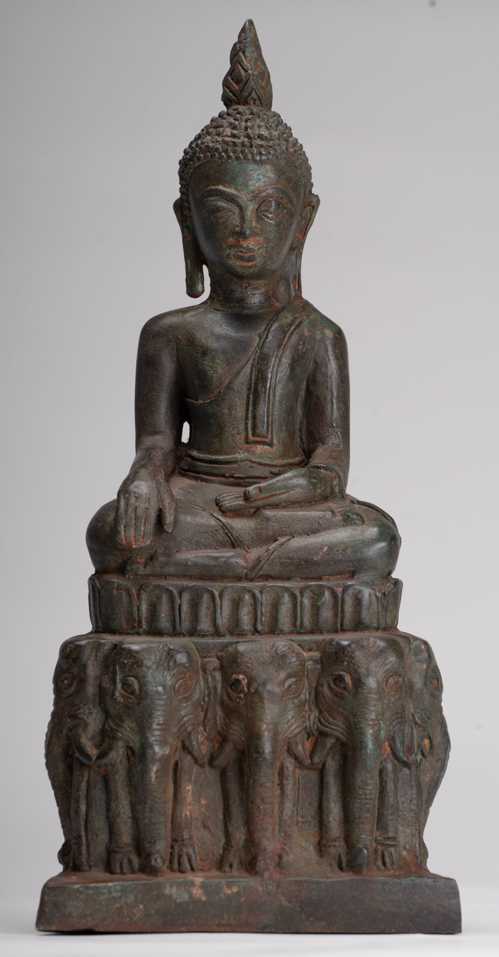 Buddha Statue - Antique Laos Style Bronze Enlightenment Elephant Buddha Statue - 30cm/12"
