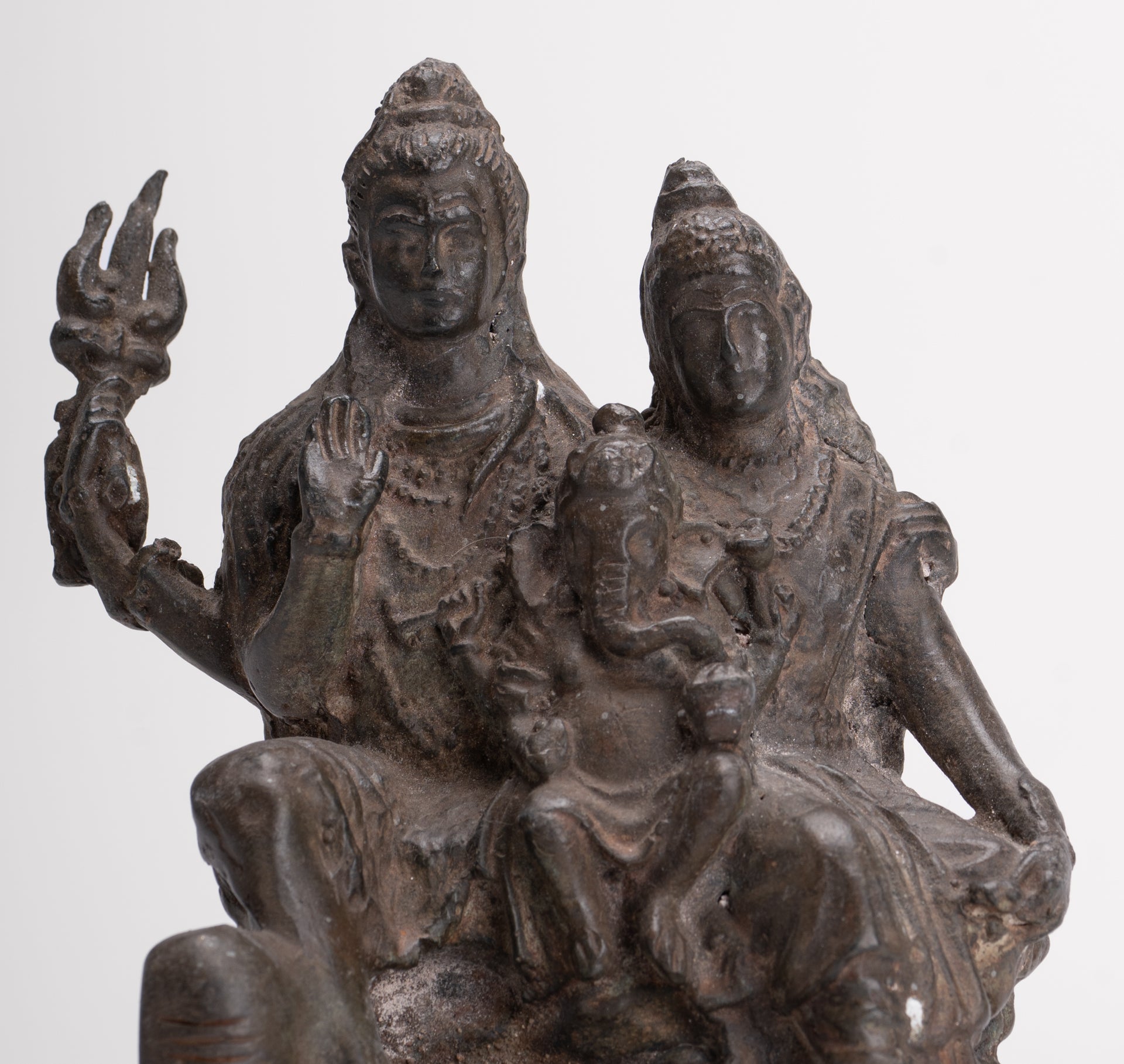 Shiva Statue - Antique Thai Style Bronze Shiva Parvati & Ganesha Statue - 15cm/6"