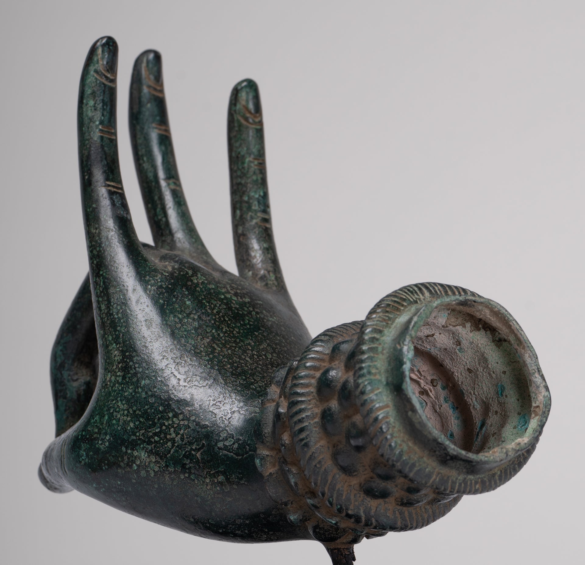 Mounted Antique Thai Style Southeast Asia Bronze Thai Teaching Hand - 24cm/10"