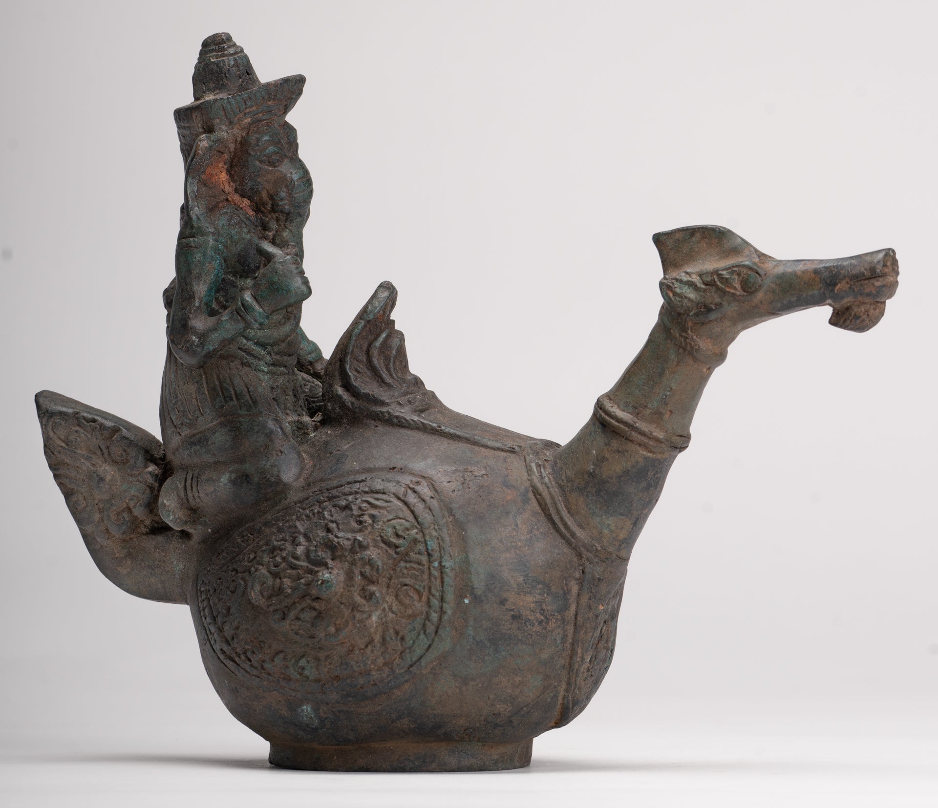 Ganesha Statue - Antique Thai Style Bronze Ganesha Riding a Dragon - 20cm/8"