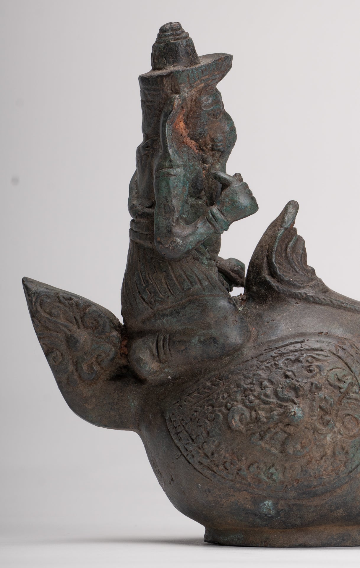 Ganesha Statue - Antique Thai Style Bronze Ganesha Riding a Dragon - 20cm/8"