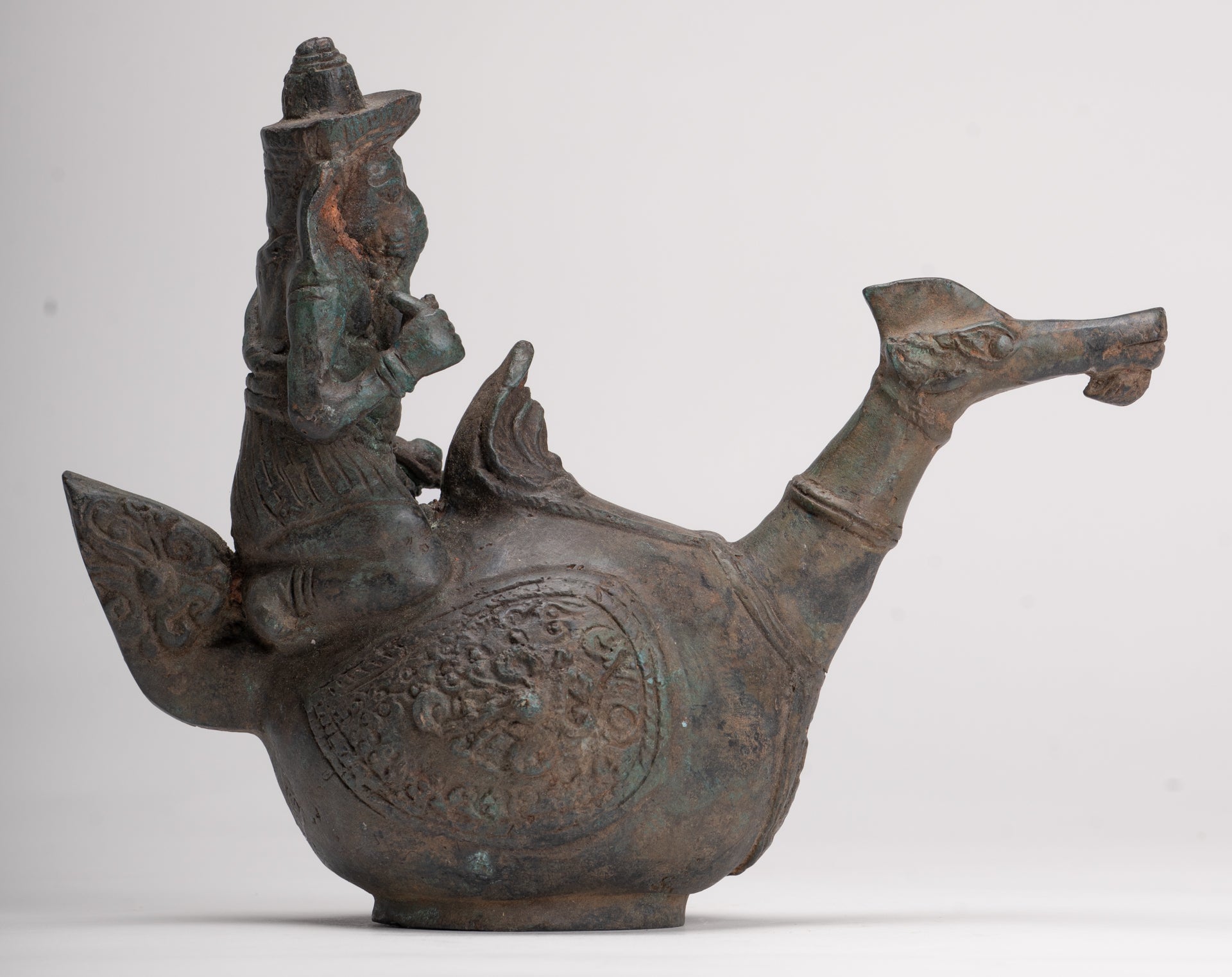 Ganesha Statue - Antique Thai Style Bronze Ganesha Riding a Dragon - 20cm/8"