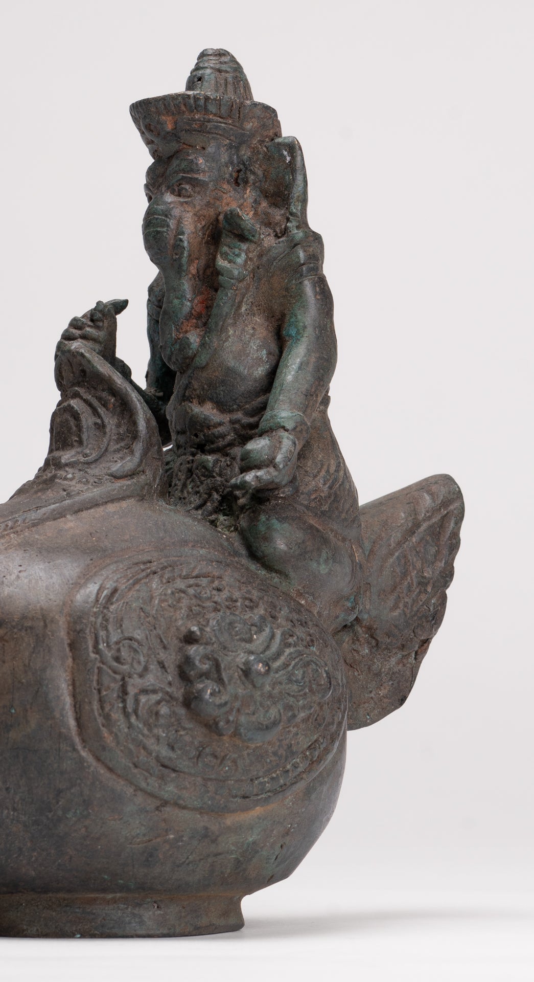 Ganesha Statue - Antique Thai Style Bronze Ganesha Riding a Dragon - 20cm/8"