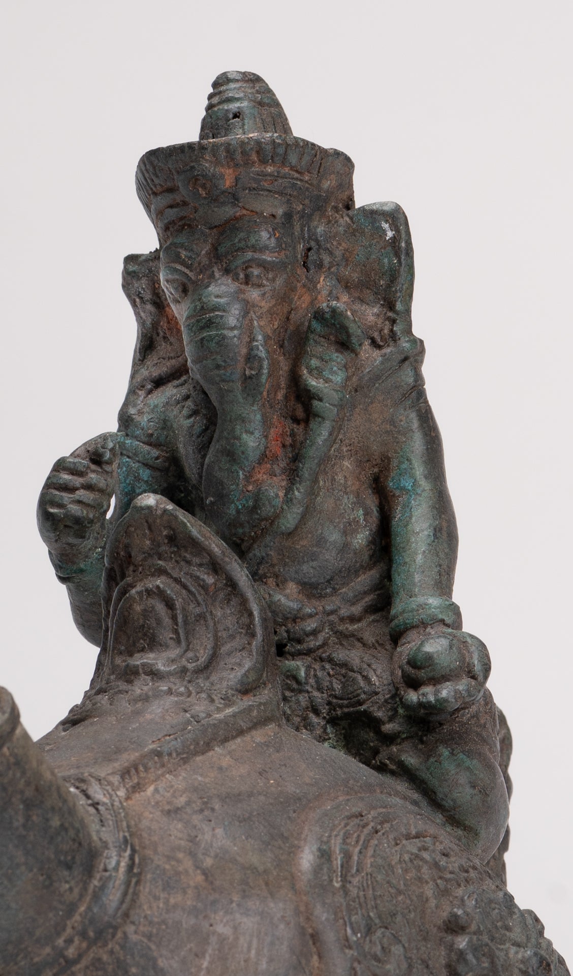 Ganesha Statue - Antique Thai Style Bronze Ganesha Riding a Dragon - 20cm/8"