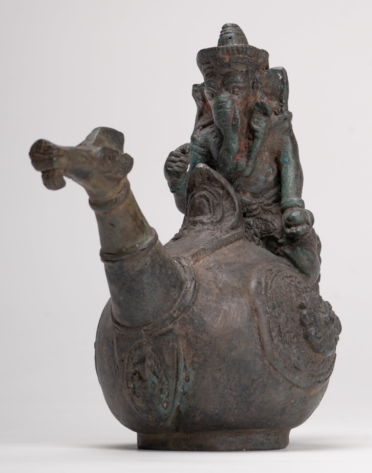 Ganesha Statue - Antique Thai Style Bronze Ganesha Riding a Dragon - 20cm/8"