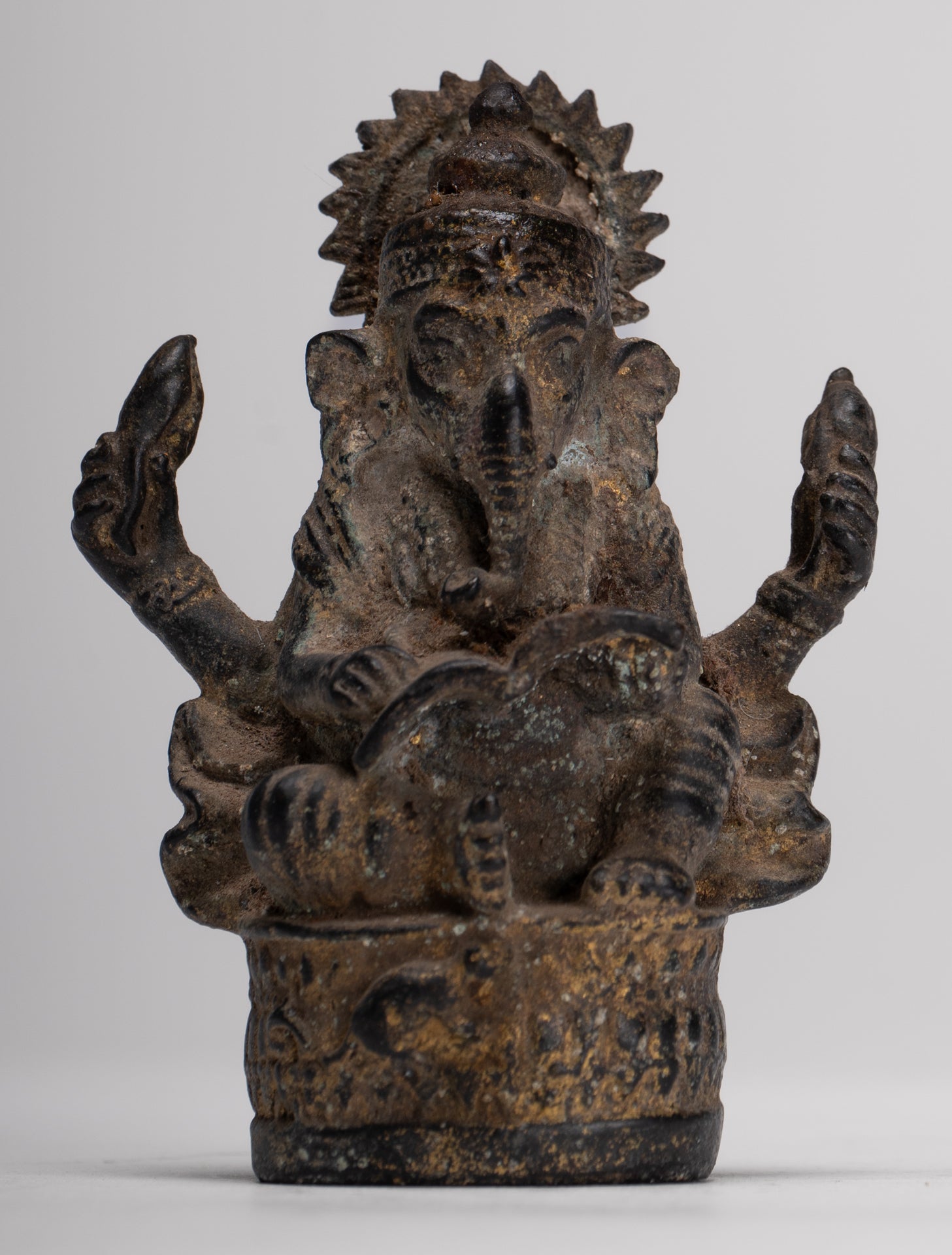 Ganesha Statue - Antique Thai Style Seated Bronze Ganesh Statue - 8cm/3"