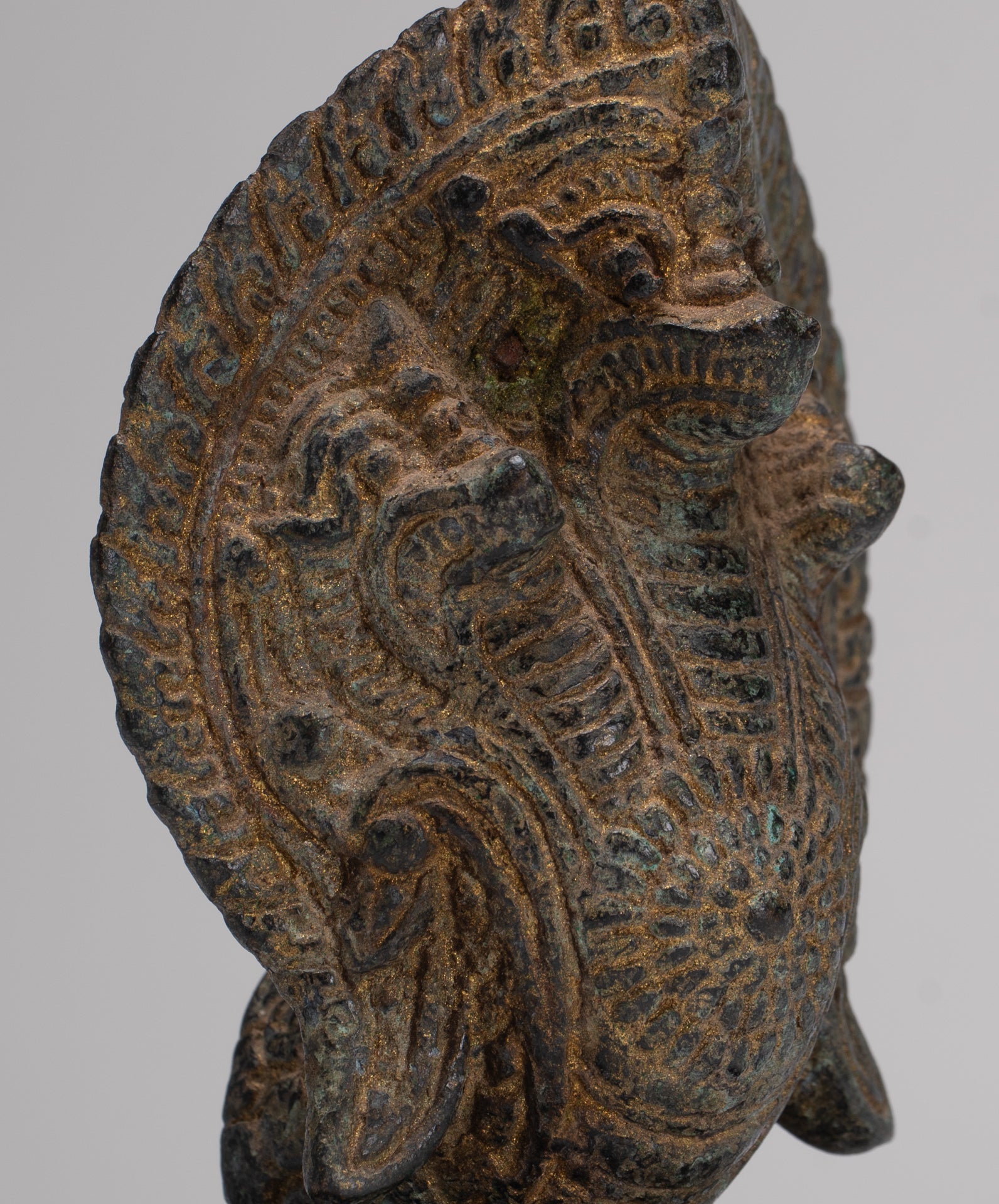 Naga Statue - Antique Khmer Style Bronze Protective Naga, Snake or Serpent Statue - 14cm/6"