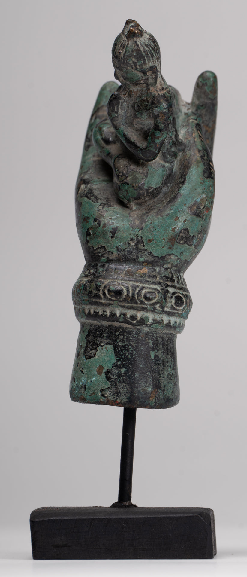 Rishi Statue - Antique Khmer Style Mounted Bronze Rishi or Wise Man in Hand - 17cm/7"