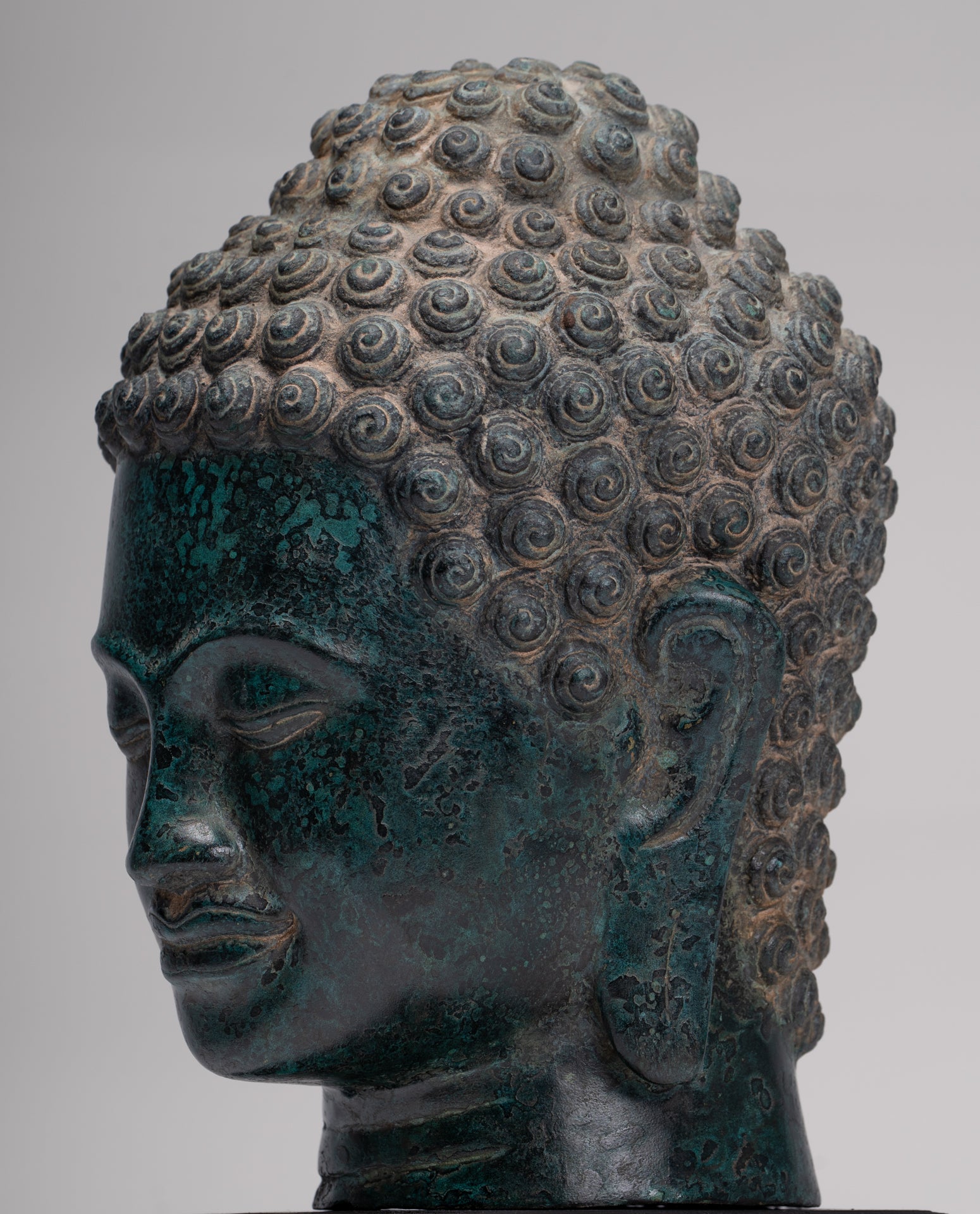 Buddha Statue - Antique Khmer Style Bronze Phnom Da Buddha Head - 30cm/12"