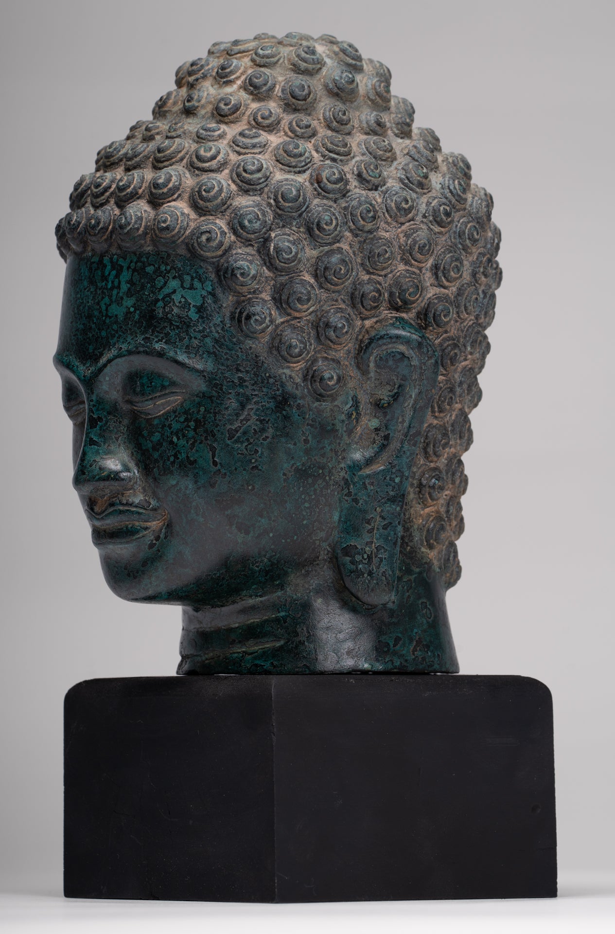 Buddha Statue - Antique Khmer Style Bronze Phnom Da Buddha Head - 30cm/12"