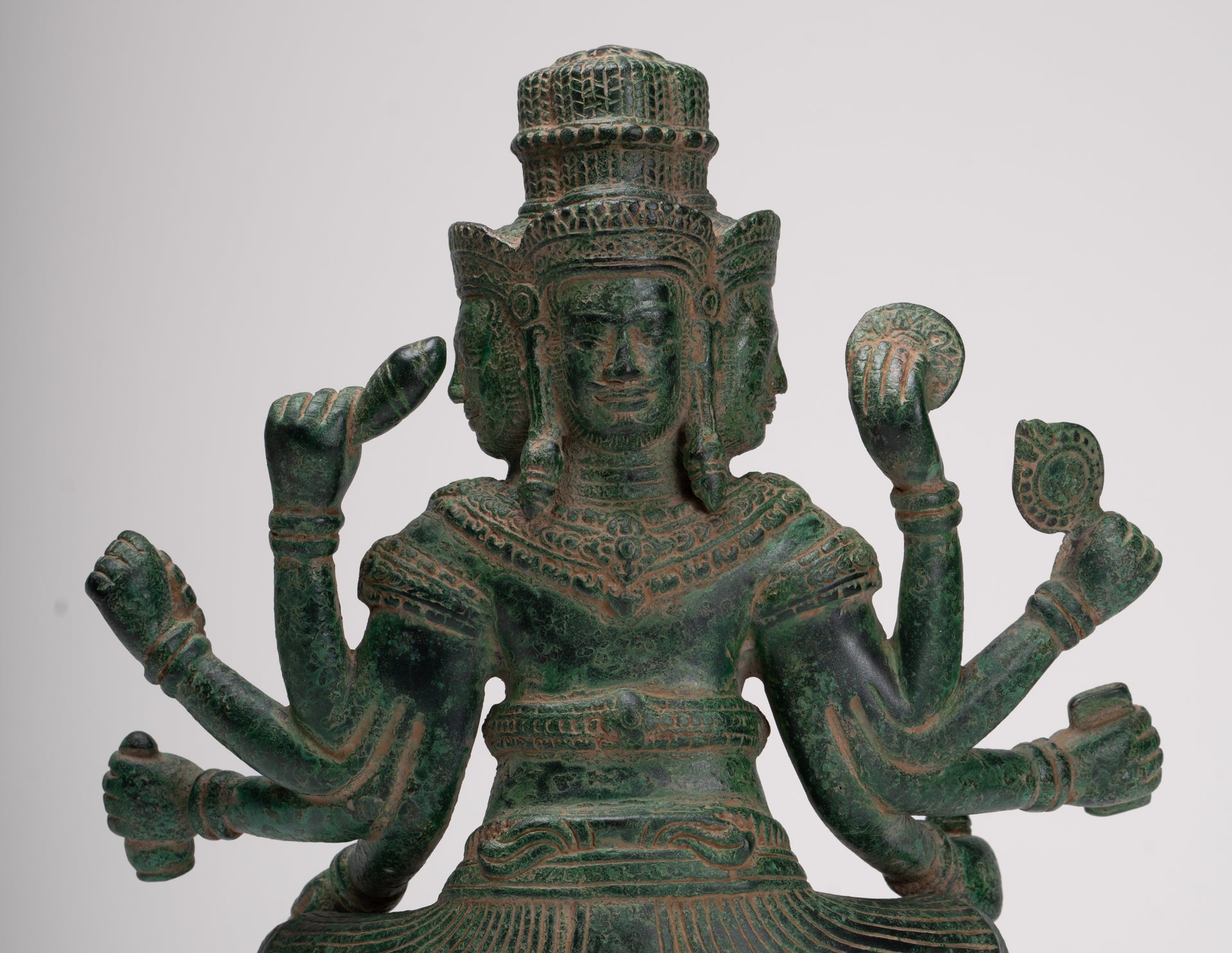 Brahma Statue - Antique Khmer Style Bronze 8 Arm Bayon Brahma - Hindu God Creation - 31cm/12"