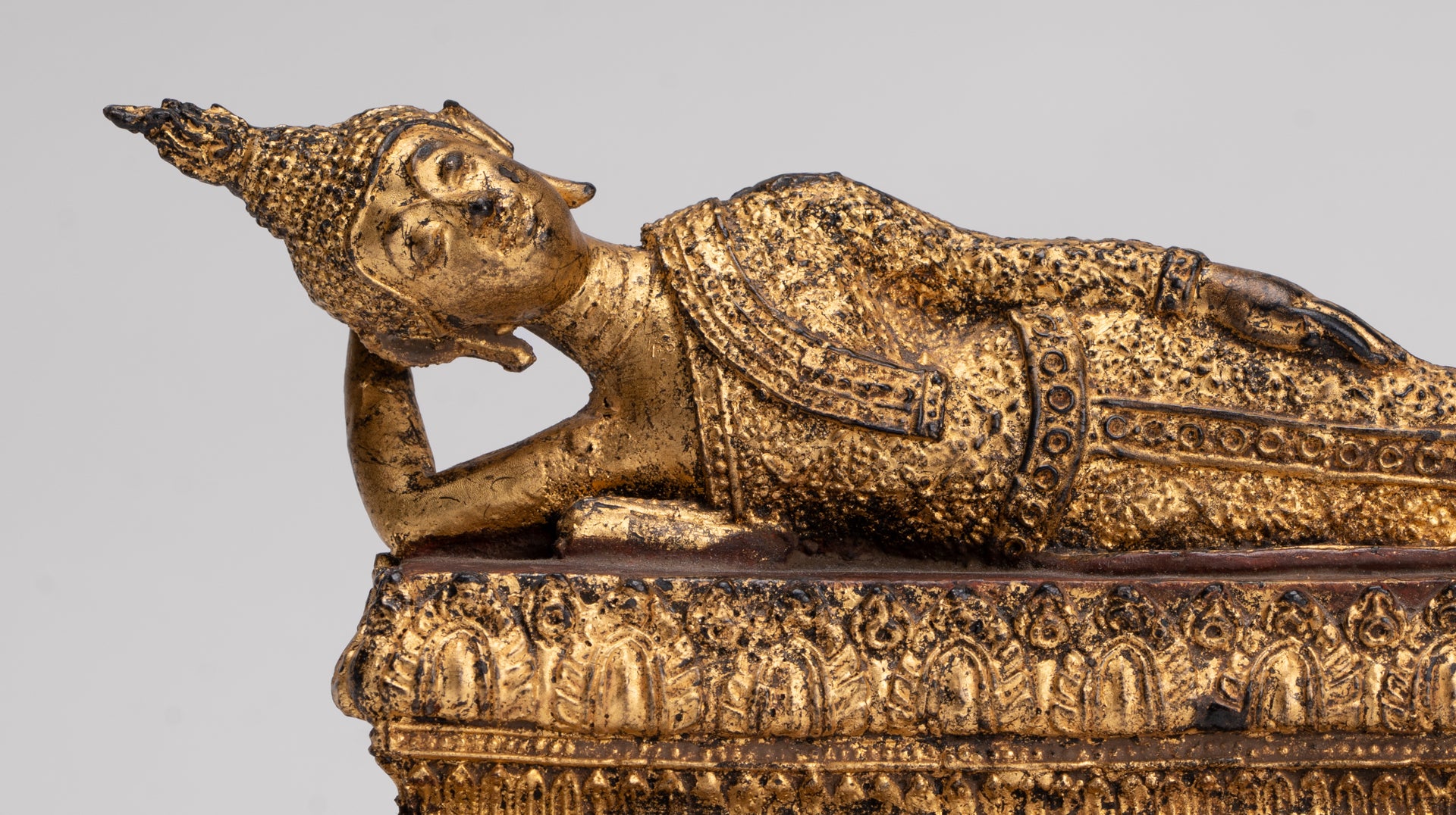 Antique Thai Style Bronze Rattanakosin Reclining Nirvana Buddha Statue - 18.5cm/7"