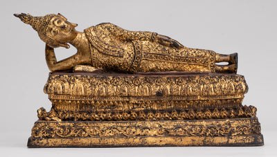 Antique Thai Style Bronze Rattanakosin Reclining Nirvana Buddha Statue - 18.5cm/7"