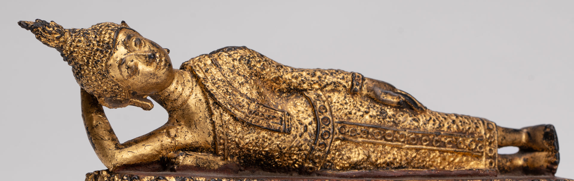 Antique Thai Style Bronze Rattanakosin Reclining Nirvana Buddha Statue - 18.5cm/7"