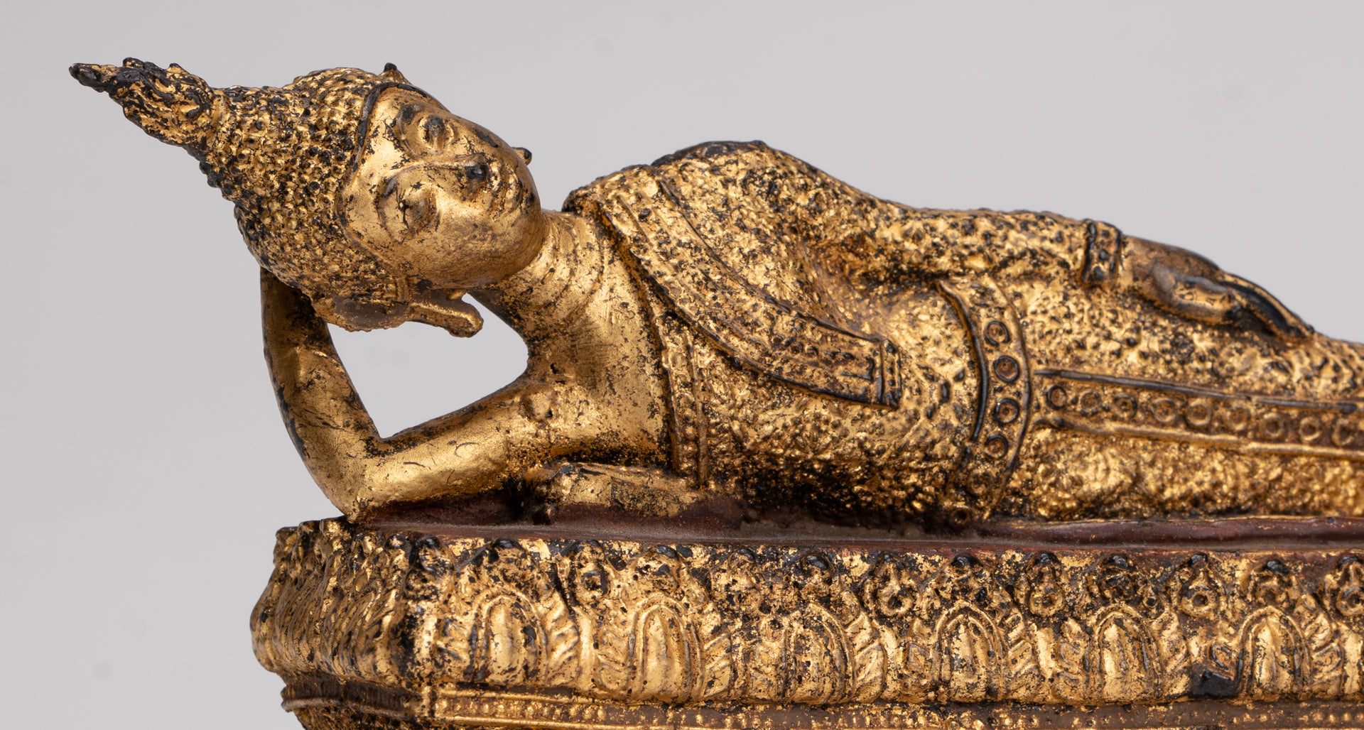 Antique Thai Style Bronze Rattanakosin Reclining Nirvana Buddha Statue - 18.5cm/7"