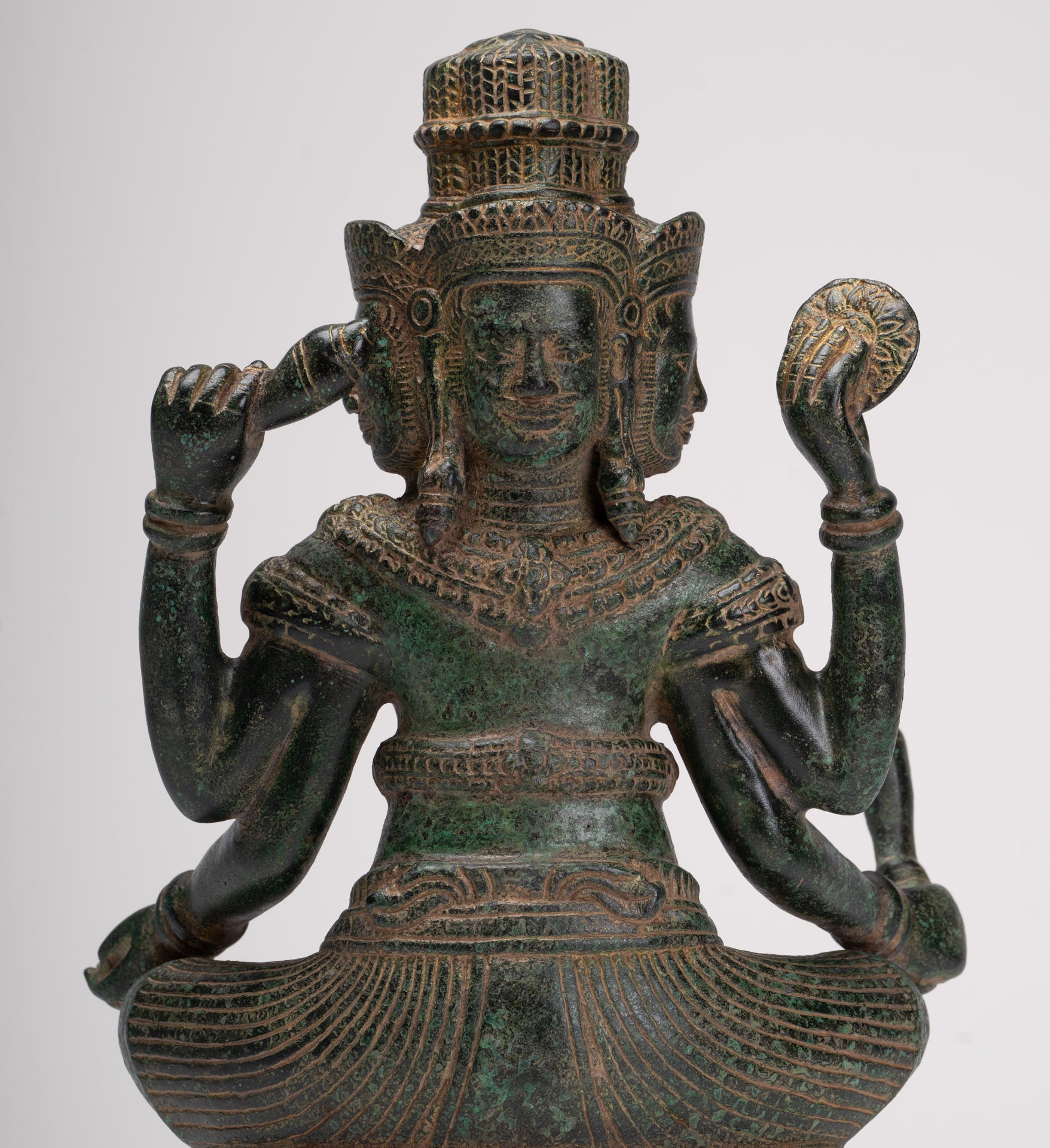 Brahma Statue - Antique Khmer Style Bronze 4 Arm Bayon Brahma - Hindu God Creation - 31cm/12"
